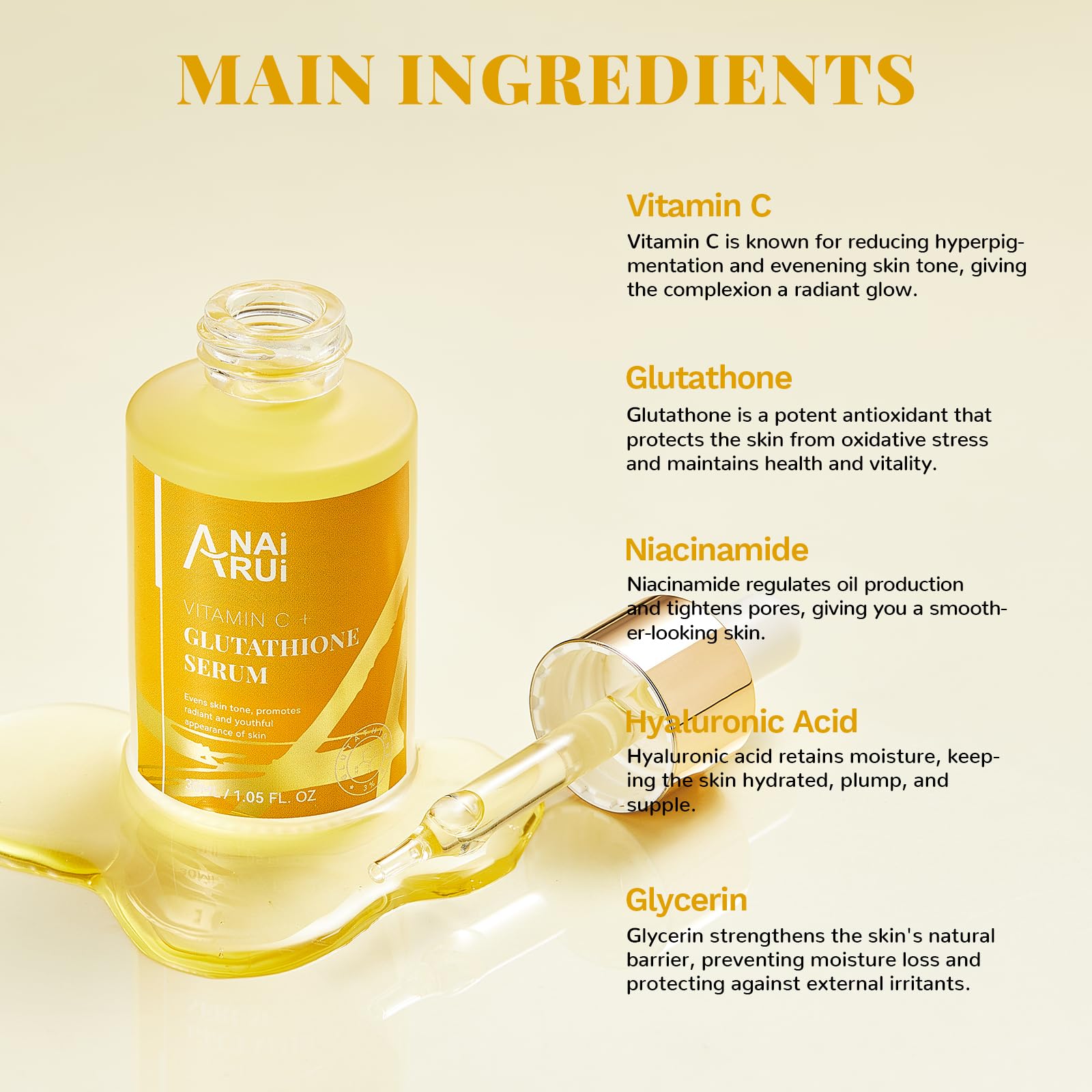 ANAI RUI Vitamin C Glutathione Serum with Hyaluronic Acid, and Niacinamide, for Dark Spots,Wrinkles, Improves Skin Tone, Hydrati