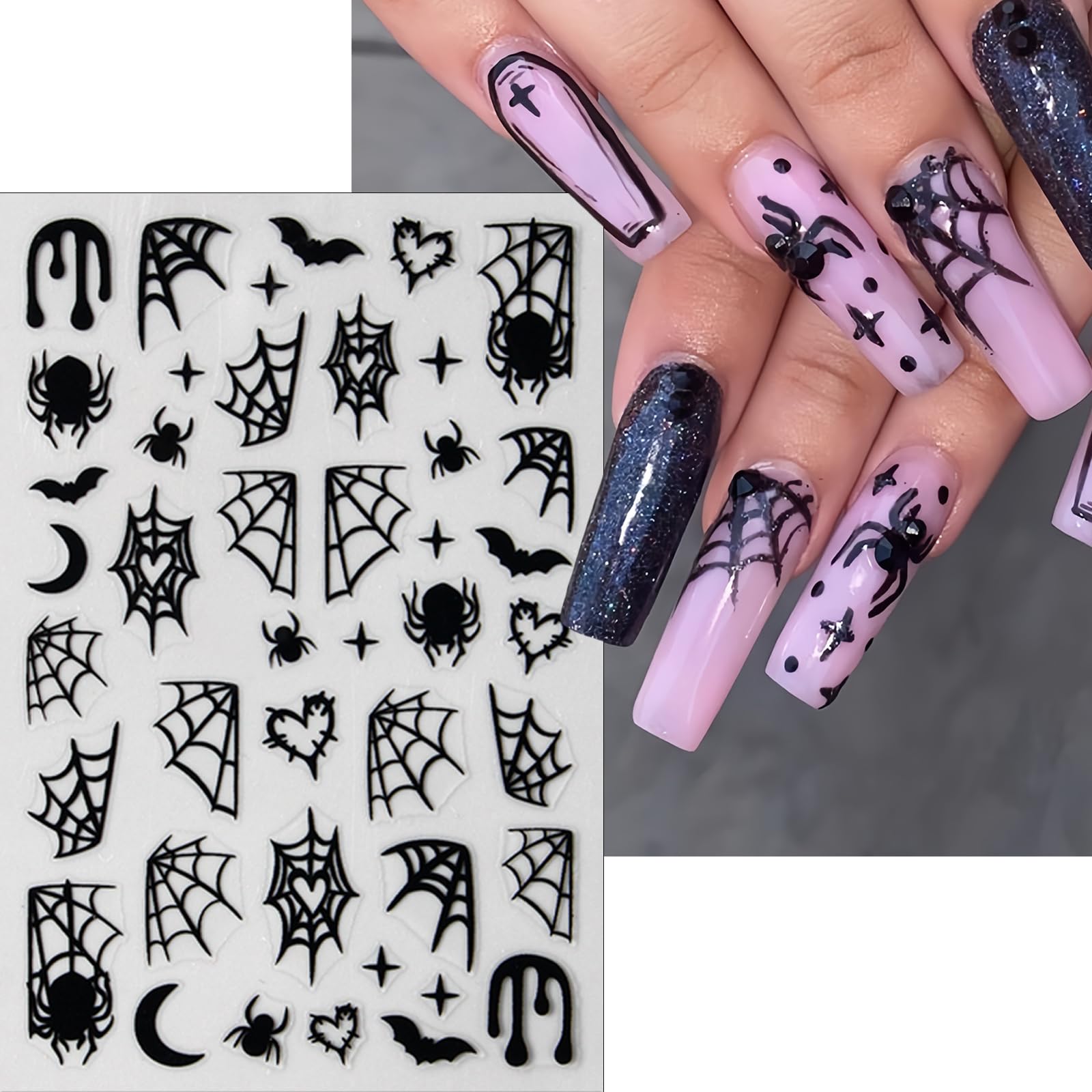 8 Sheets Spider Web Nail Art Stickers 3D Self-Adhesive Spiders Nail Decals Scary Spider Skull Bat Ghost Nail Supplies Black Whit