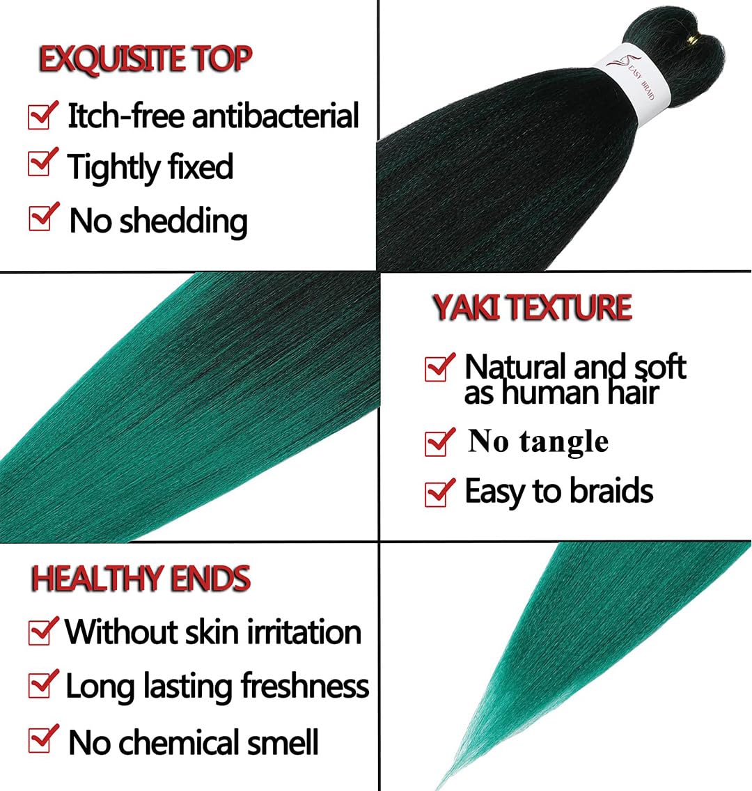Pre-Stretched Braiding Hair Extensions Ombre Black To Green - 20 Inch 8 Packs Synthetic Crochet Braids, Hot Water Setting Profes
