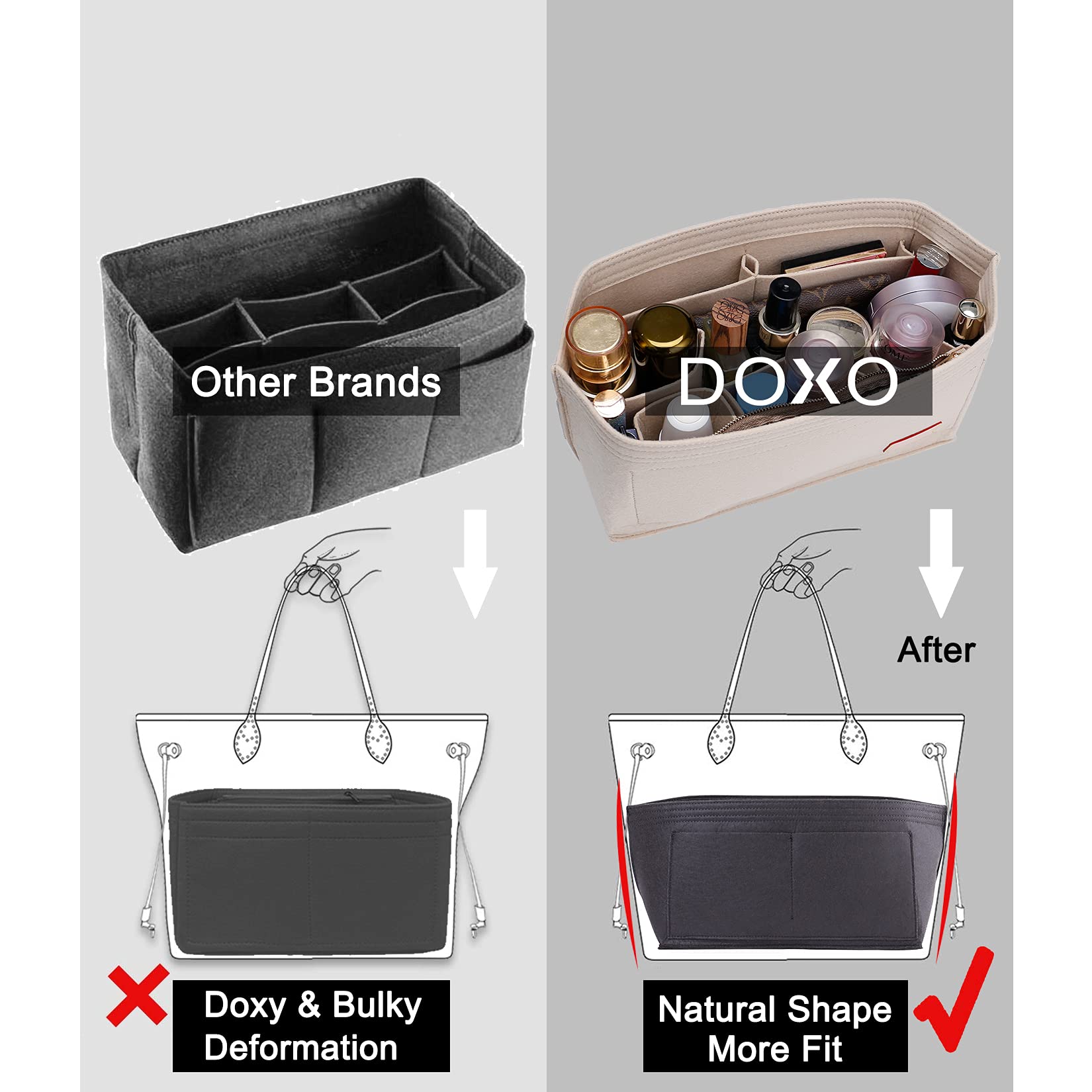Doxo Purse Organizer Insert, Felt Bag Tote Fit L Speedy 30 Neverfull PM & Base Shaper 2pc Set (Medium-Beige-Combination)