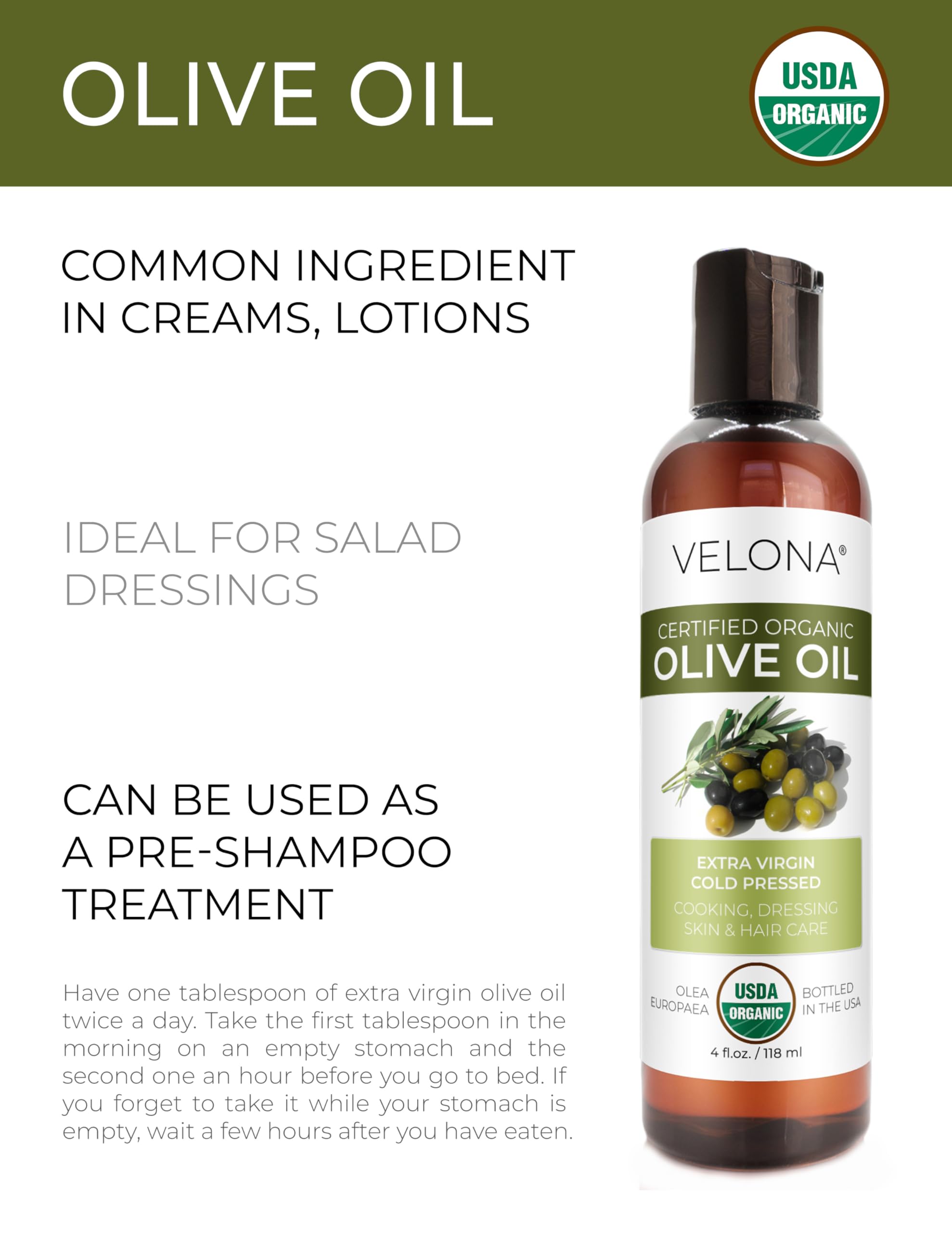 Velona USDA Certified Organic Olive Oil - 4 Fl Oz | 100% Pure and Natural Carrier Oil | Extra Virgin, Unrefined, Cold Pressed