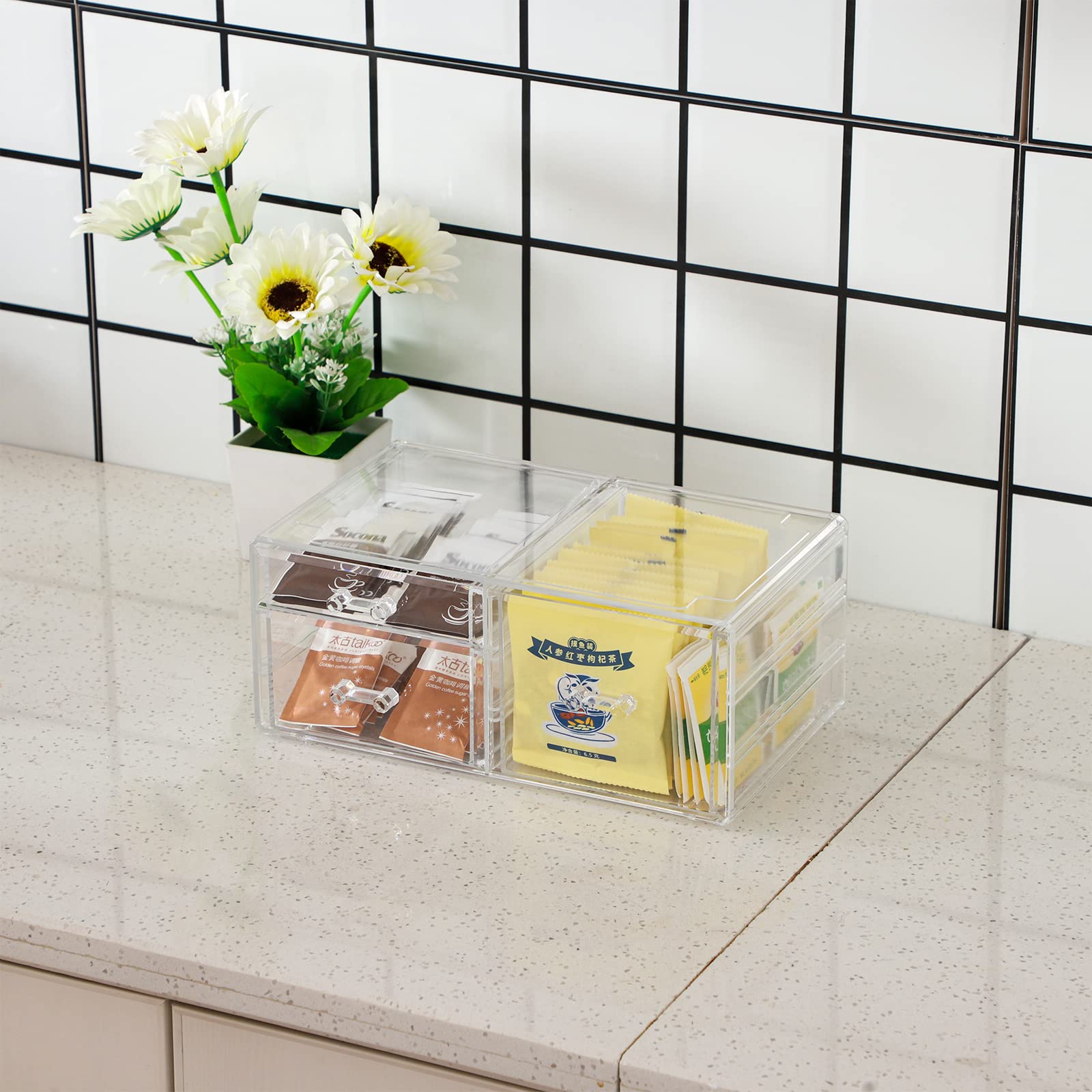 Cq Acrylic 2 Pack Clear Desk Organizer With Drawers,Stackable 5 Drawers Skincare Organizer,Cute Skin Care Organizer For Vanity H