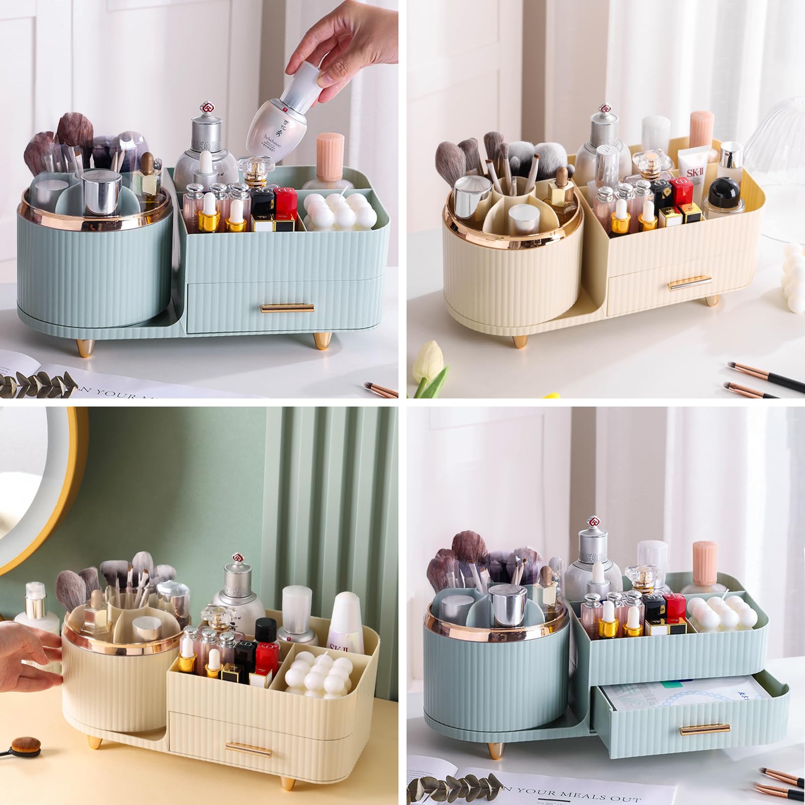 DASITON 360 Rotating Makeup Organizer with Drawers-Large Capacity Cosmetic Display Case for Skincare,Brushes,Eyeshadow&Lipstick(