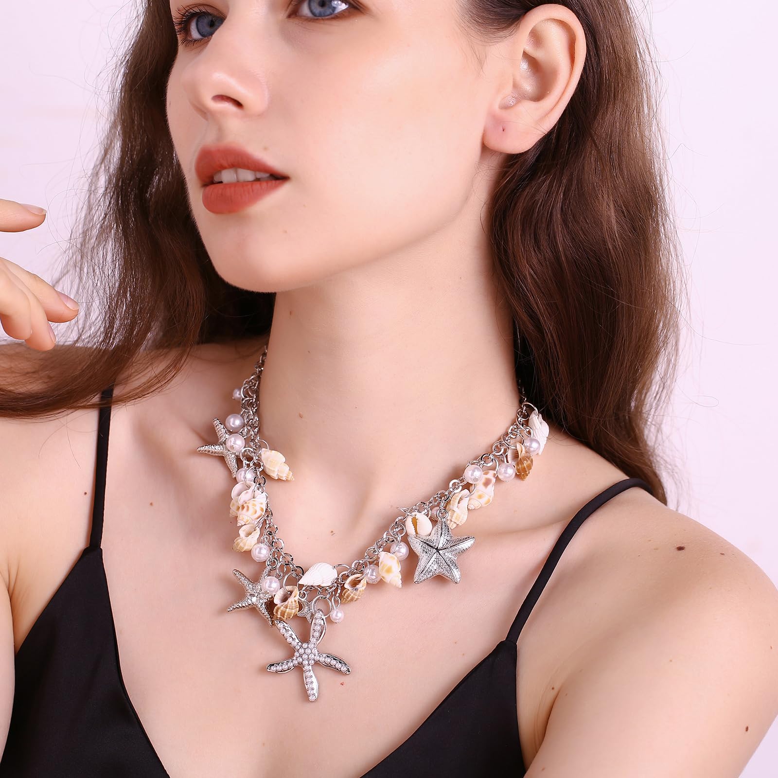 RUOFFETA Shell Starfish Necklace Bracelet Conch Statement Chunky Necklace Mermaid Costume Jewelry Beach Jewelry for Women(Neckla