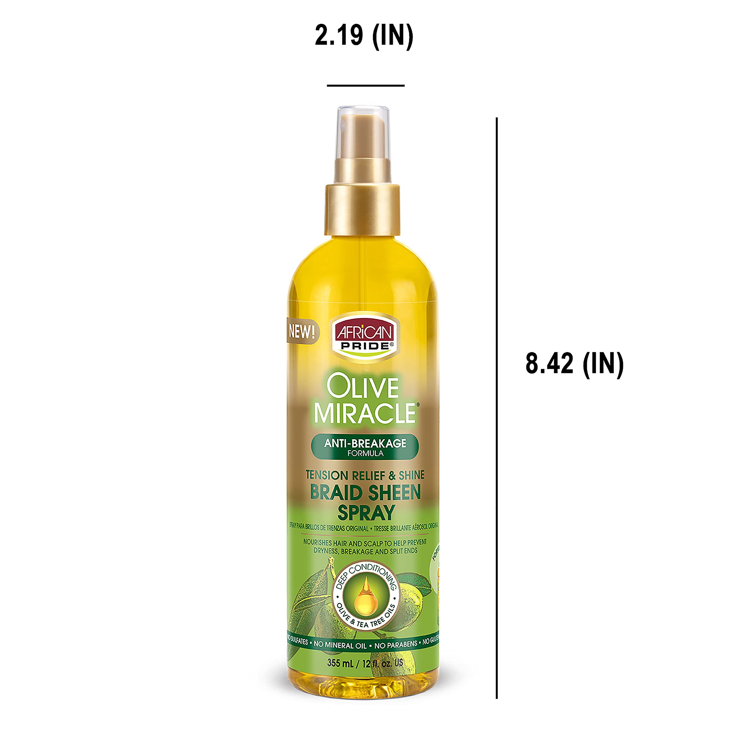 African Pride Olive Miracle Braid Sheen Spray (3 Pack) with tea tree oil and olive oil to protect and moisturize scalp and hair.