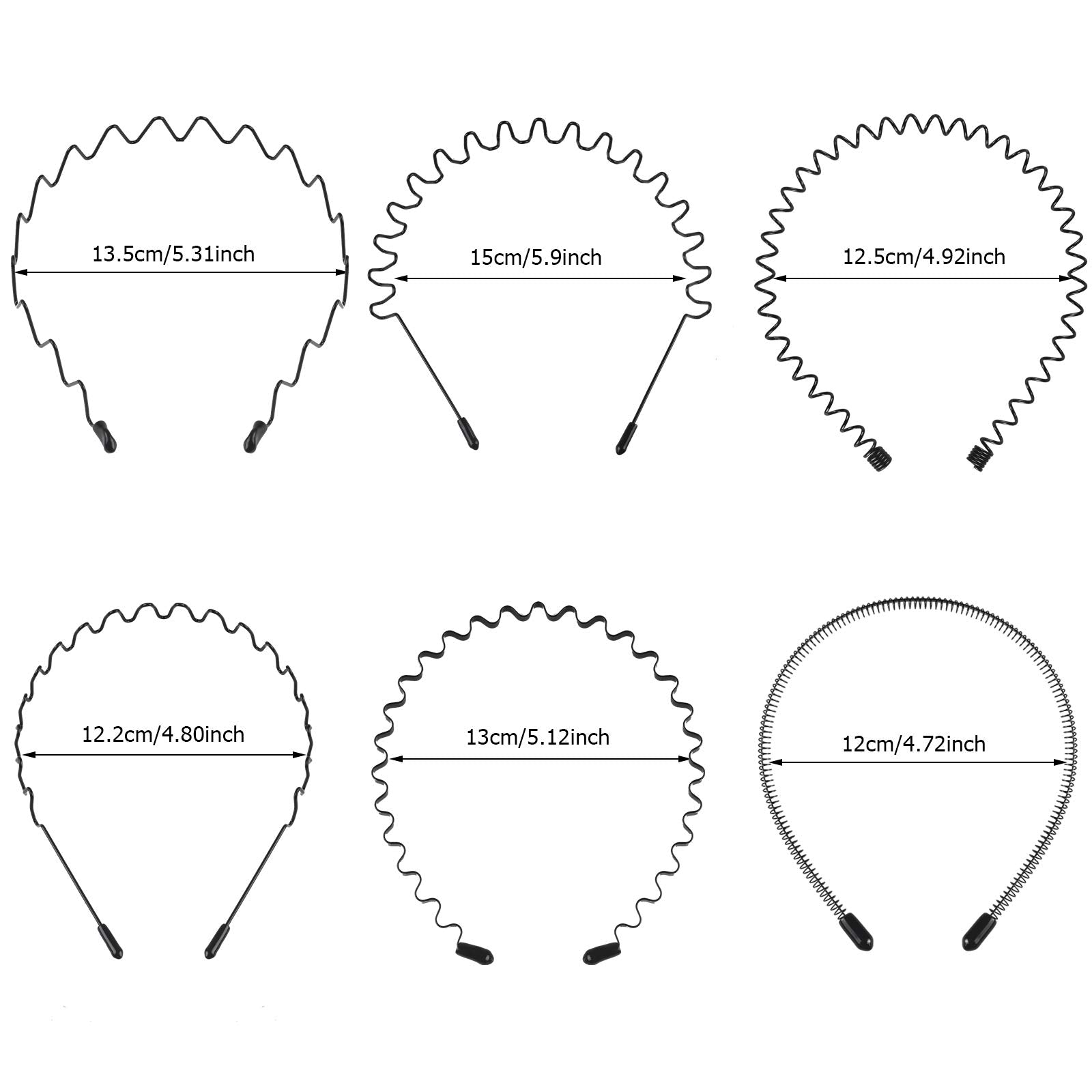fenshine 6PCS Metal Hair Bands, Spring Wavy Hoop Unisex Black Headband Slicked Back Non Slip Sports Hairband for Women Men