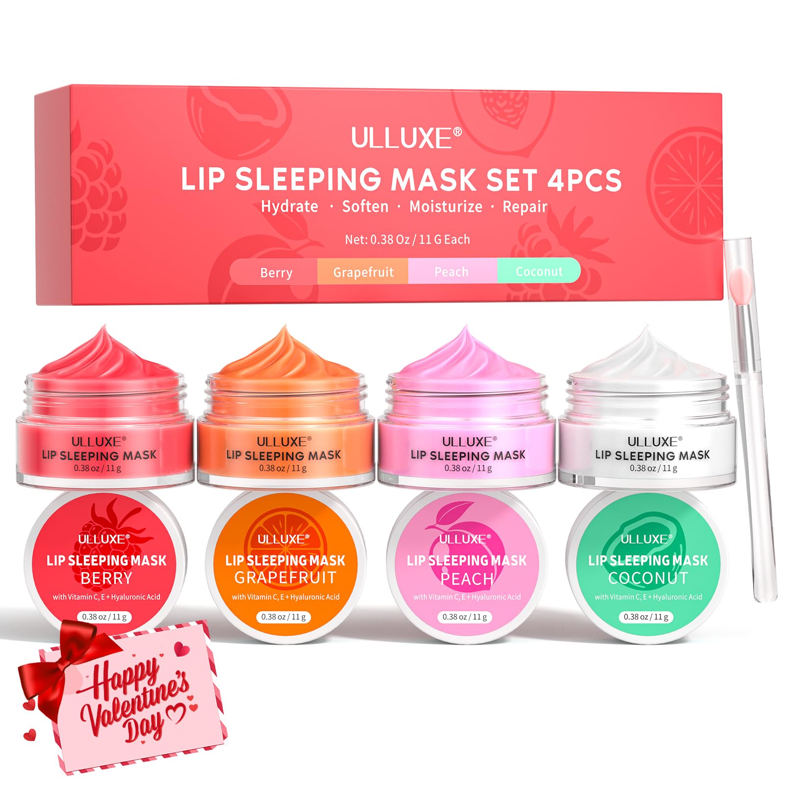 Lip Mask Set 4 Piece, Valentine's Day Gift for Her, Overnight Lip Care with Vitamin C, Hyaluronic Acid, Nourishes and Hydrates D