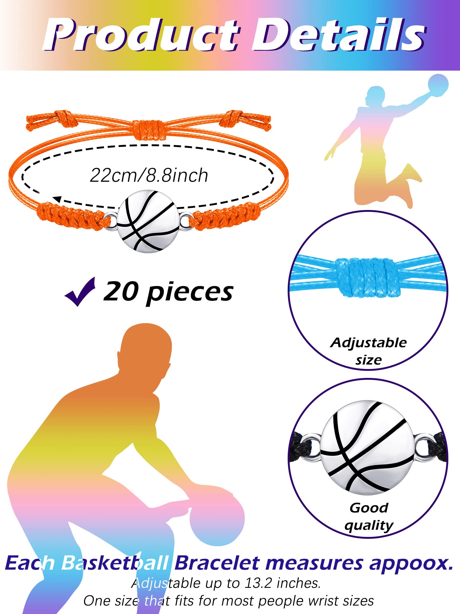 Jadive 20 Pieces Basketball Charm Bracelets Adjustable Basketball Braided Bracelets Cord Player Gifts Rope Bracelet Ideal Souven