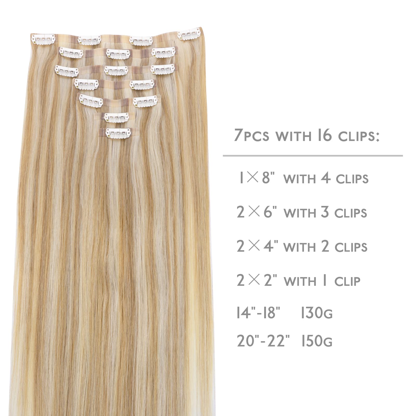 Wennalife Seamless Clip In Hair Extensions, 14 Inch 130G 7Pcs Dirty Blonde Highlighted Bleach Blonde Hair Extensions Clip In Hum