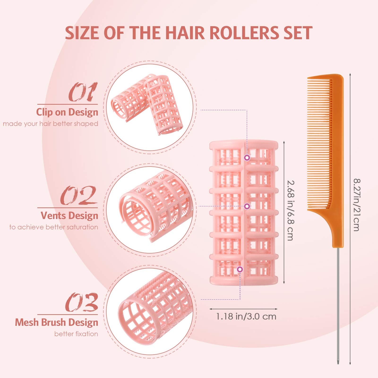 16 Pieces Hair Roller Curlers, 1.18 Inch/ 3.0 cm Plastic Hair Rollers Hair Curlers with Steel Pintail Comb Parting Comb for Shor