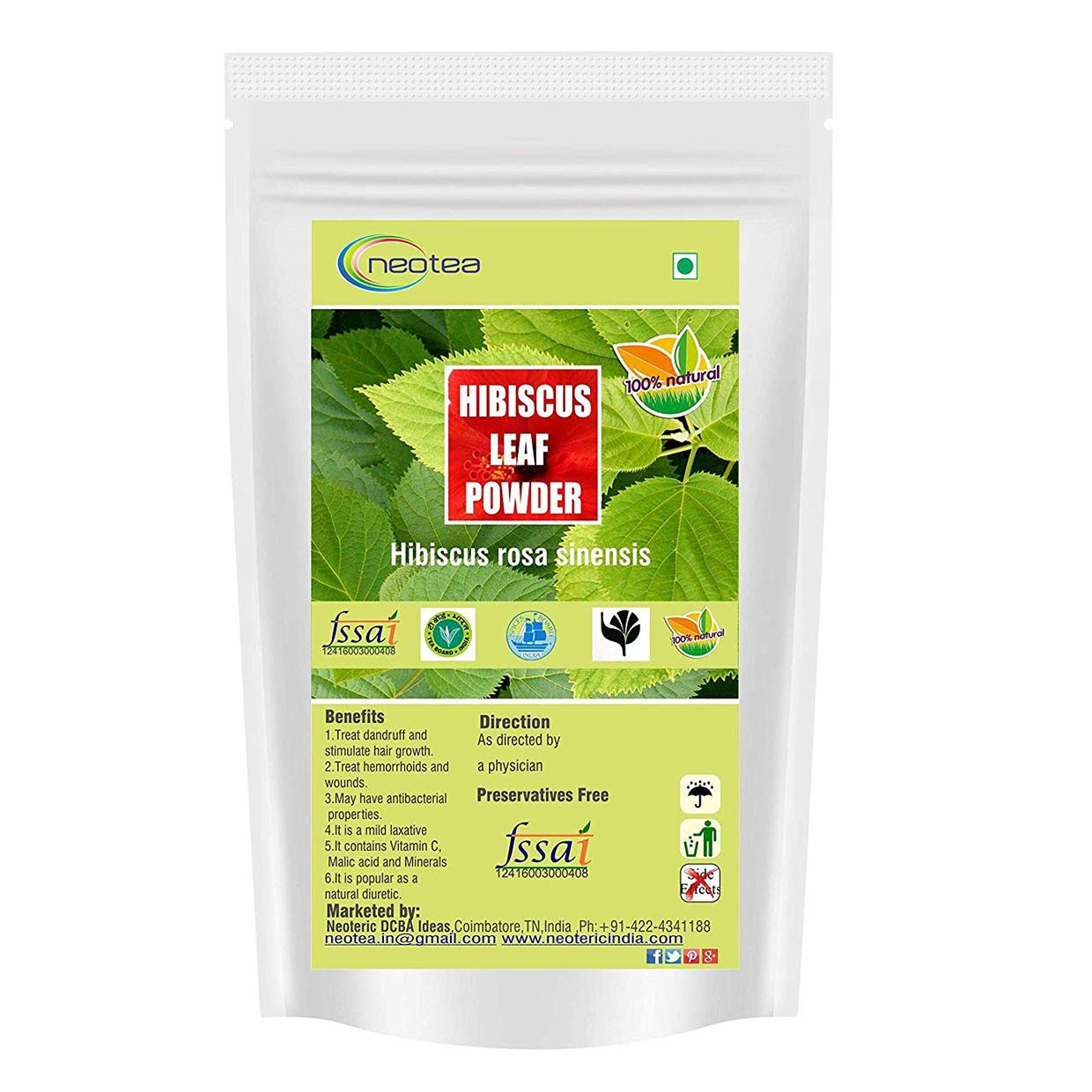 Neotea Hibiscus Leaf Powder | Sembaruthi Ilai | 300GM (10.58 OZ) - Natural Hair Fall Treatment, Promotes Hair Growth, Chemical-F