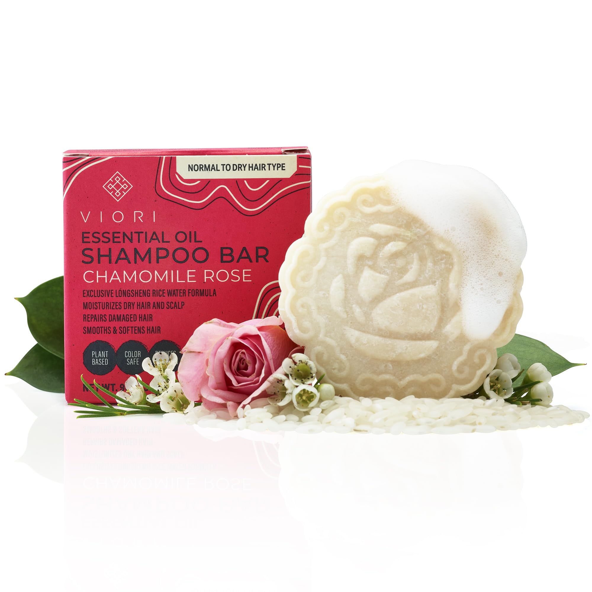 Viori Chamomile Rose Essential Oil Shampoo Bar Made With Rice Water - Handcrafted All Natural Shampoo Bars - Sulfate Free Shampo