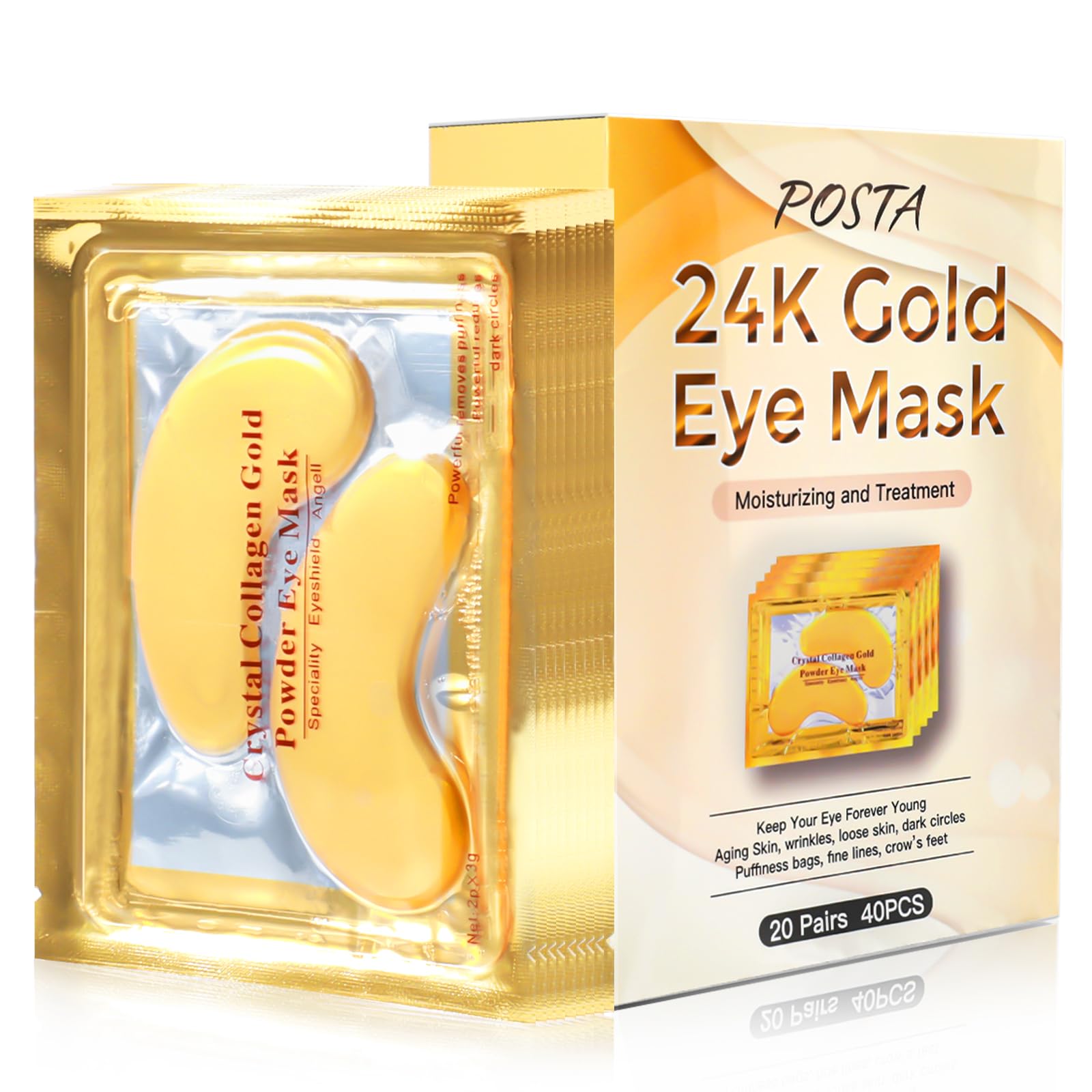 POSTA 24K Gold Eye Mask, 20 Pairs Eye Treatment Mask With Collagen, Under Eye Mask Treatment for Puffy Eyes, Dark Circles Correc