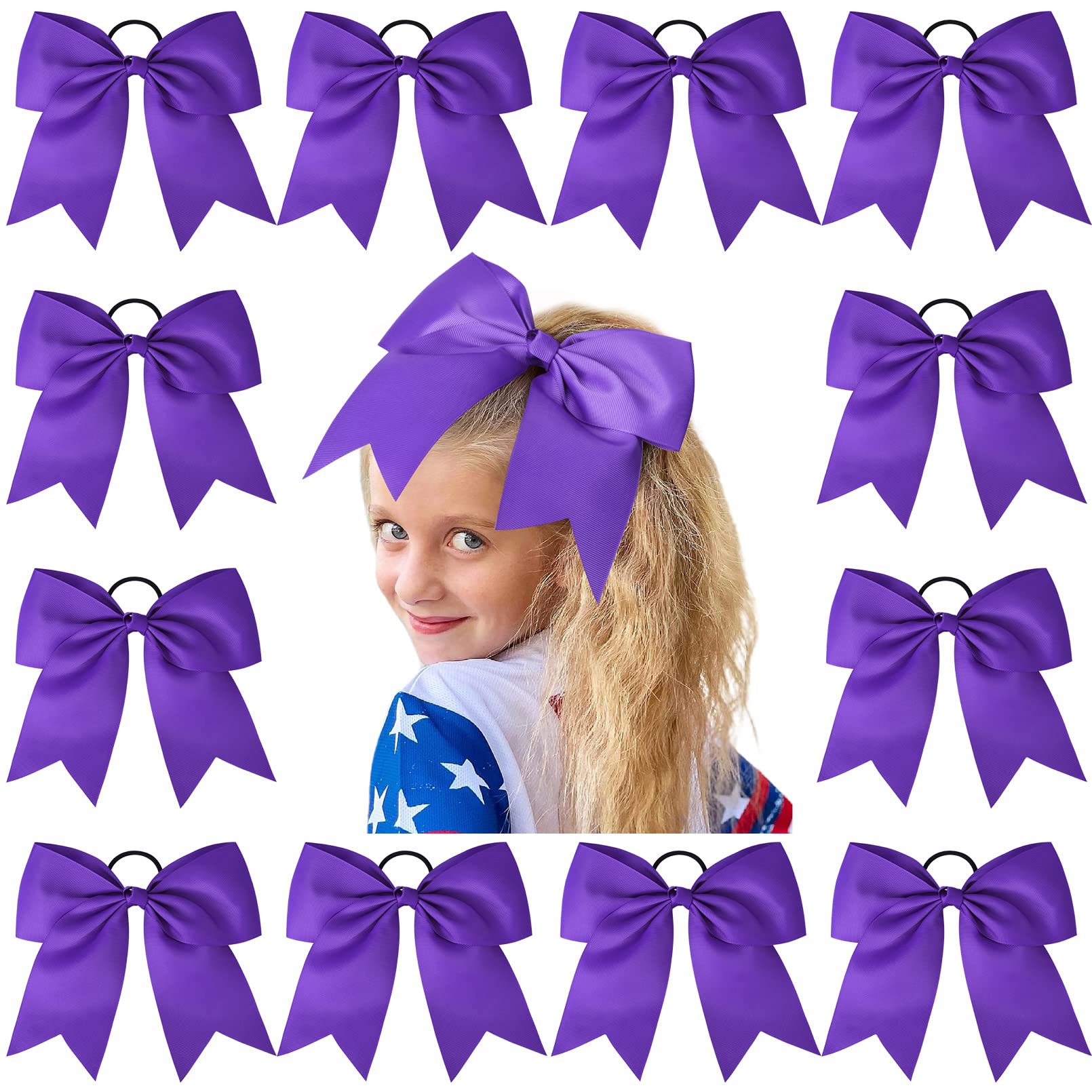 12 PCS 8'' Large Cheer Bows Purple Girl Hair Bows Cheerleading Softball Team Bow Hair Accessories for cheerleaders football Comp