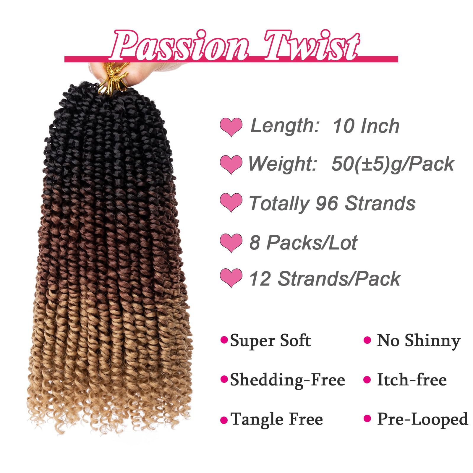 Leeven 10 Inch 3 Tones Pre Twisted Passion Twist Crochet Braids Hair 8 Packs Pre-Looped Short Passion Twists Hair 1B/30/27# Ombr