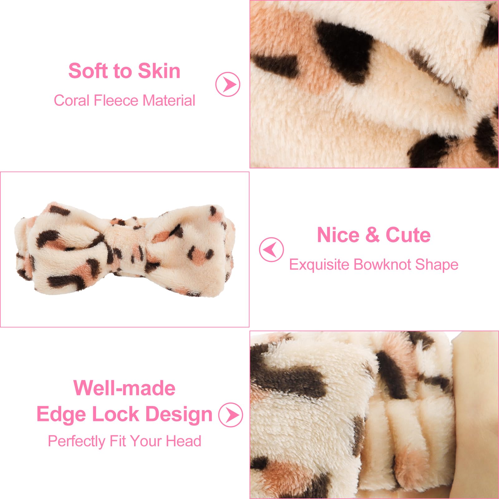 Ondder Leopard Terry Cloth Spa Headbands For Skincare, Makeup, Face Washing - 8 Pcs Bow Hair Bands For Women