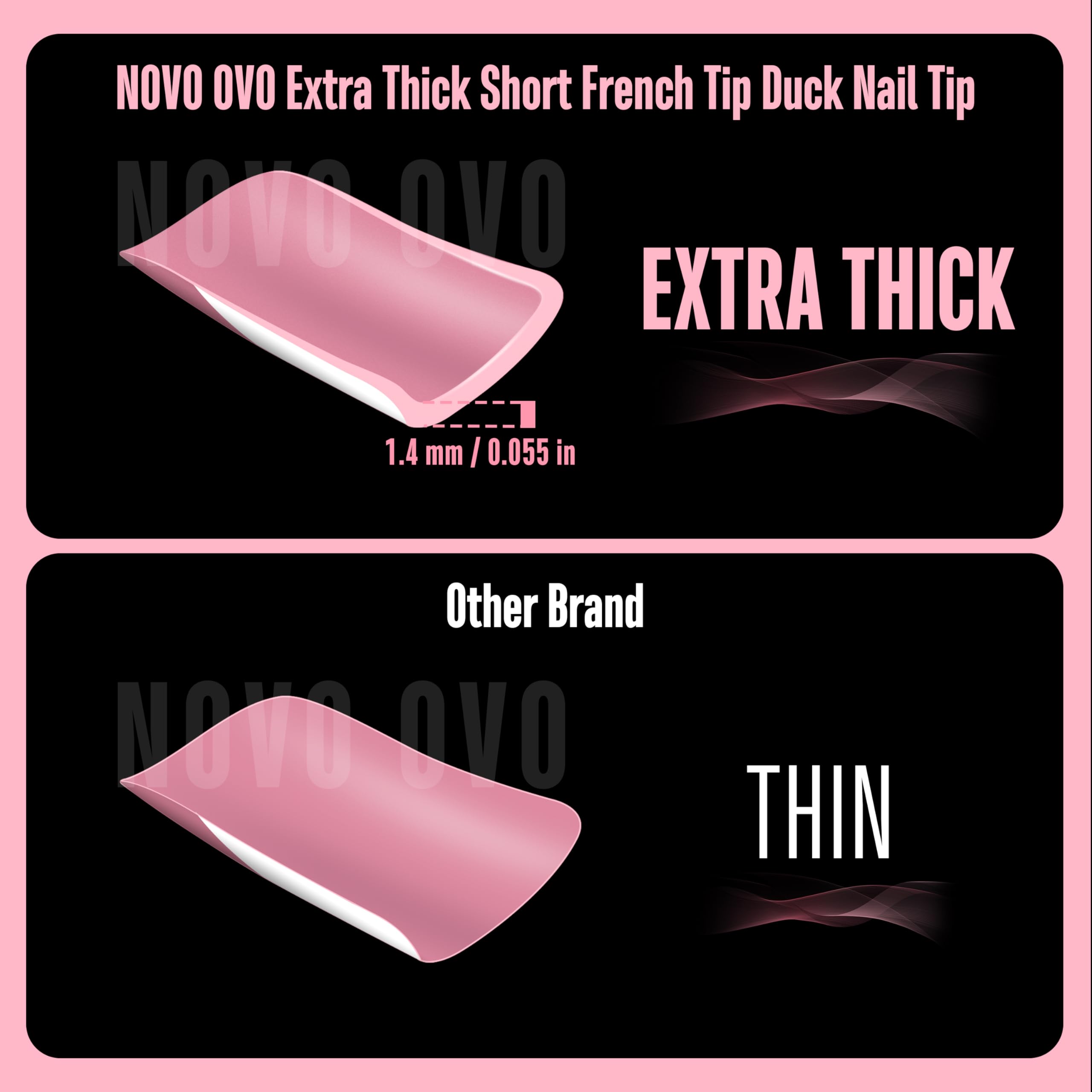 NOVO OVO White French Tip Short Duck Nail Tips Press on, BERRY PINK Pre-designed Soft Gel Nail Extension, Extra thick Full Cover