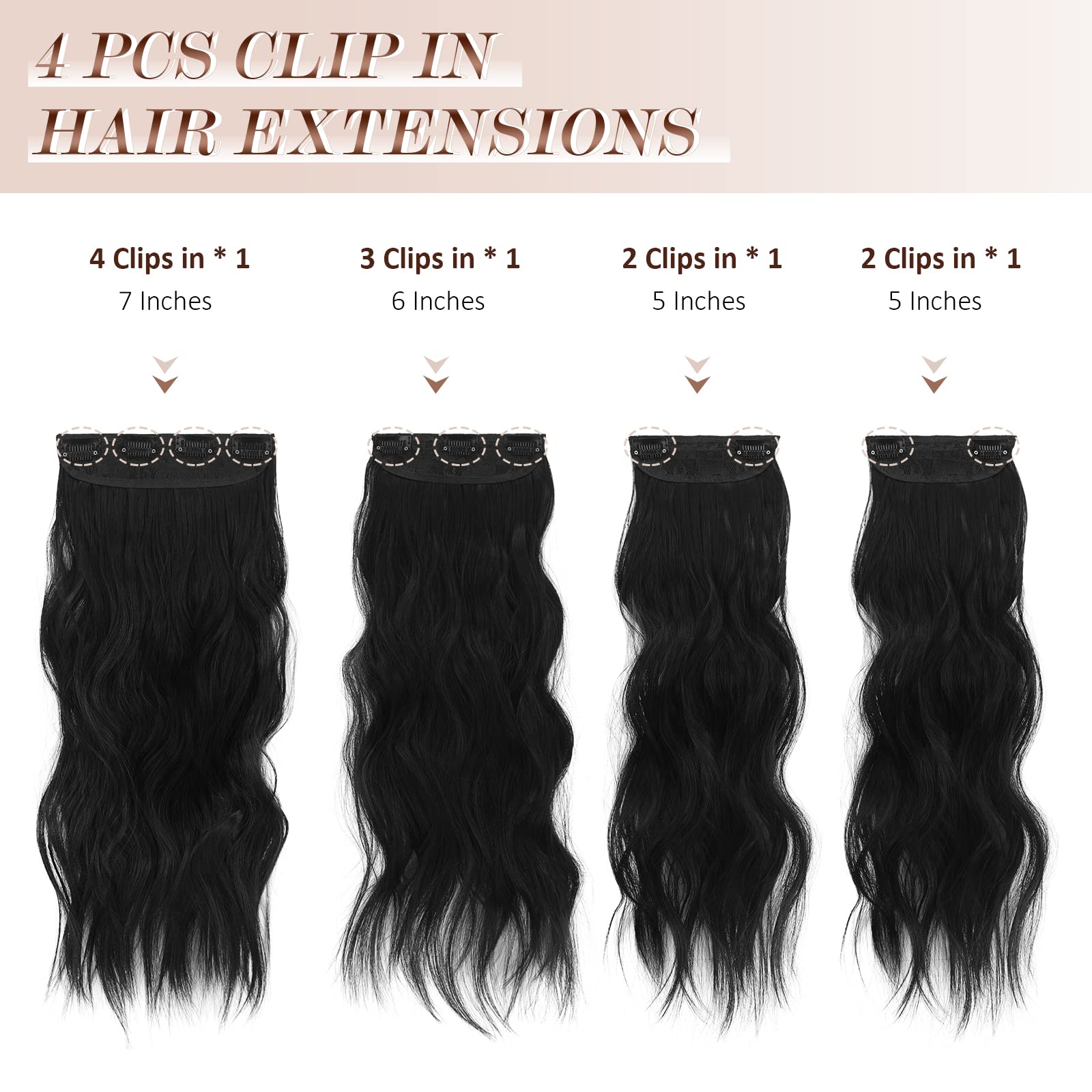 FESHFEN Clip in Hair Extensions - 4 PCS Long Wavy Thick Clip in Hairpieces Full Head Natural Soft Synthetic Hair Extension for W