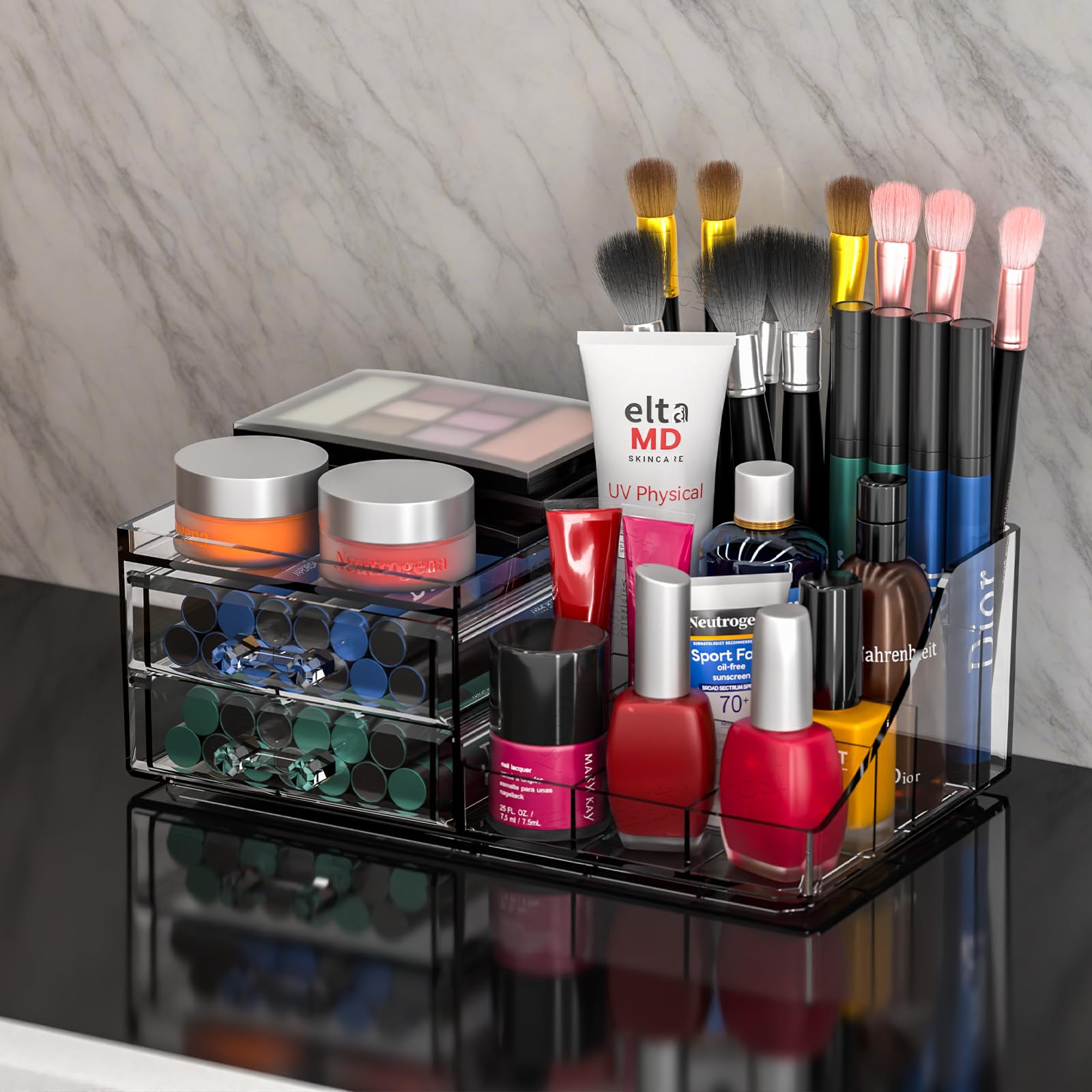 Cq Acrylic 4 Pack Clear Makeup Organizer For Counter,11 Drawers Stackable Skincare Organizer,Large Cosmetic Storage Organizer An