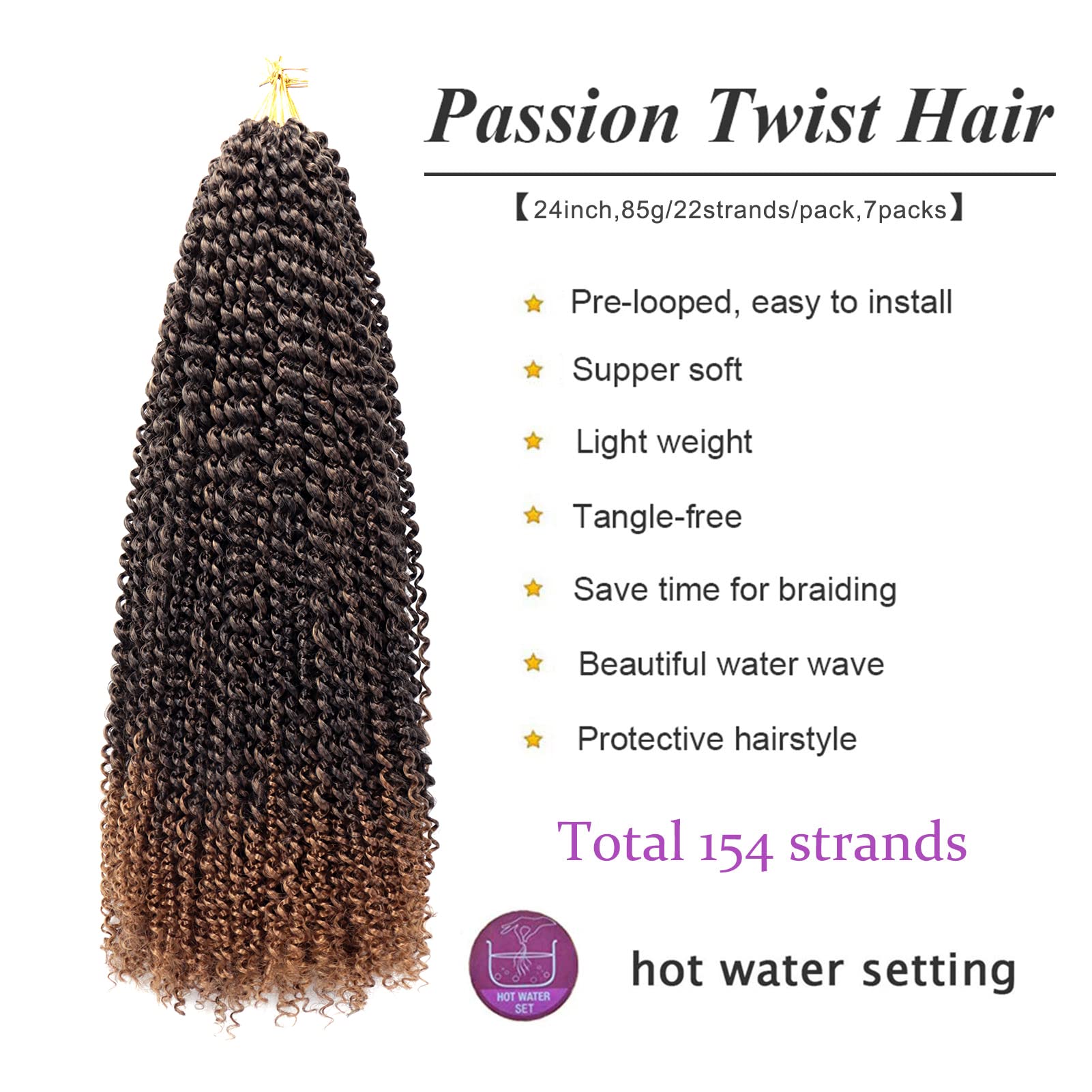Dorsanee Ombre Brown Passion Twist Hair 24 Inch 7 Packs Water Wave Crochet Hair Long Bohemian Curly Braiding Hair For Butterfly
