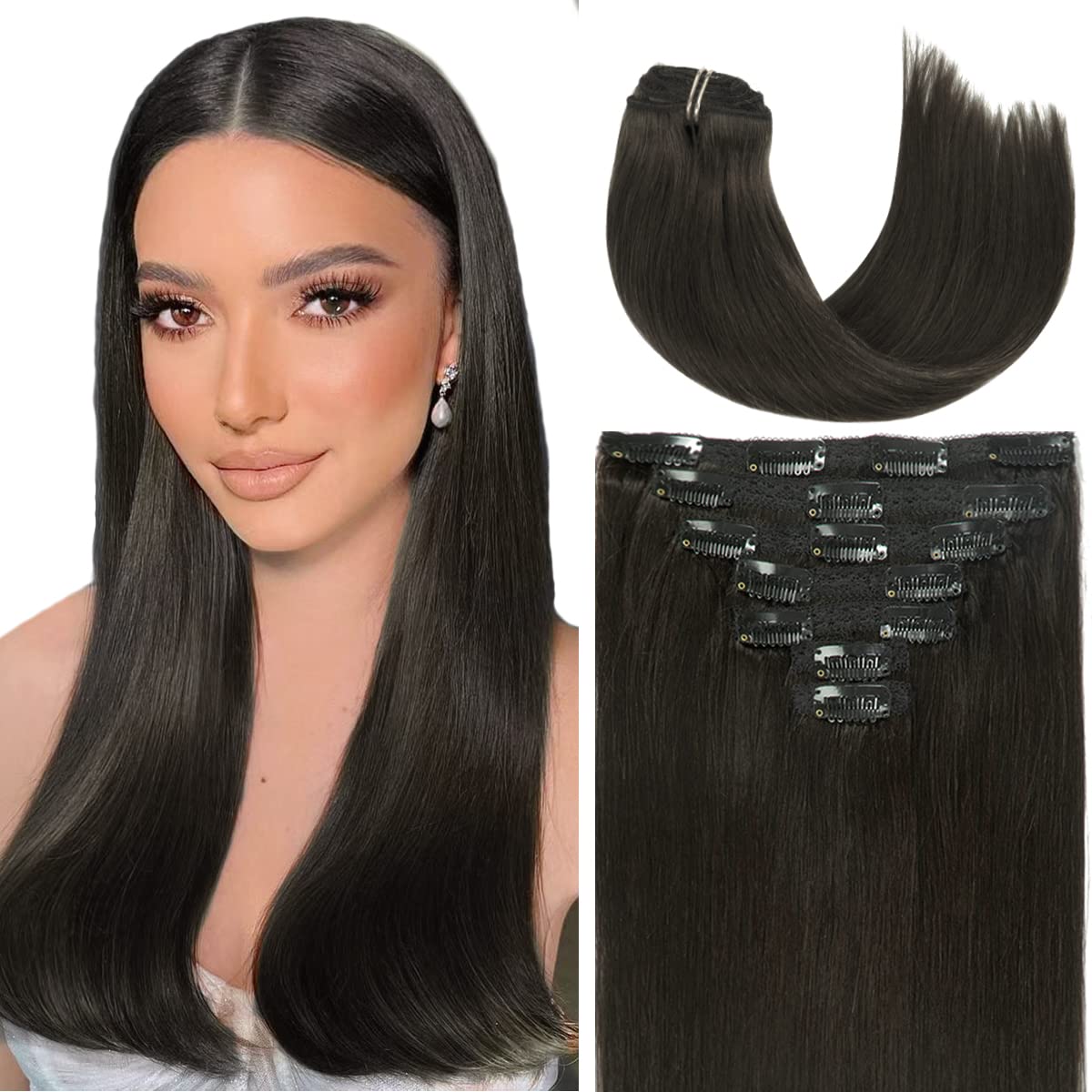 Caliee Clip in Hair Extensions Human Hair 20Inch Hair Extensions Clip in Human Hair Black Hair Extensions Clip in 1B Natural Bla