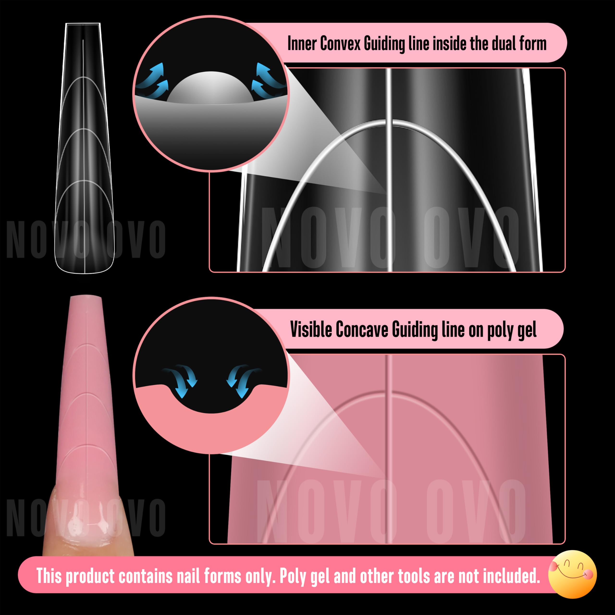 NOVO OVO Tapered Square (Natural not Sculpted) Nail Dual Forms for Poly Gel Extension with Guiding Line Inside, XL XXL Reusable