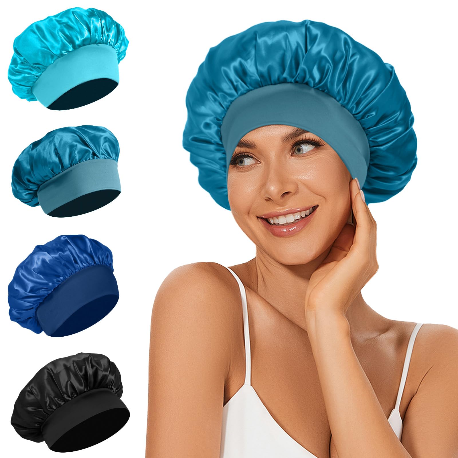 4Pcs Satin Bonnet Silk Bonnet, Hair Bonnet For Sleeping, Elastic Wide Band Silk Sleep Cap, Shower Cap Soft And Breathable (Blue