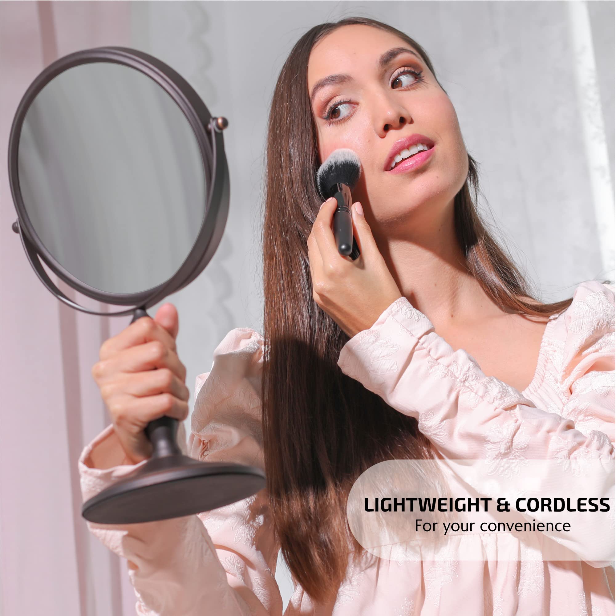 Ovente 8'' Tabletop Makeup Mirror, 1X & 7X Magnification, Adjustable Spinning Double Sided Round Magnifier, Modern D?Or For Offi