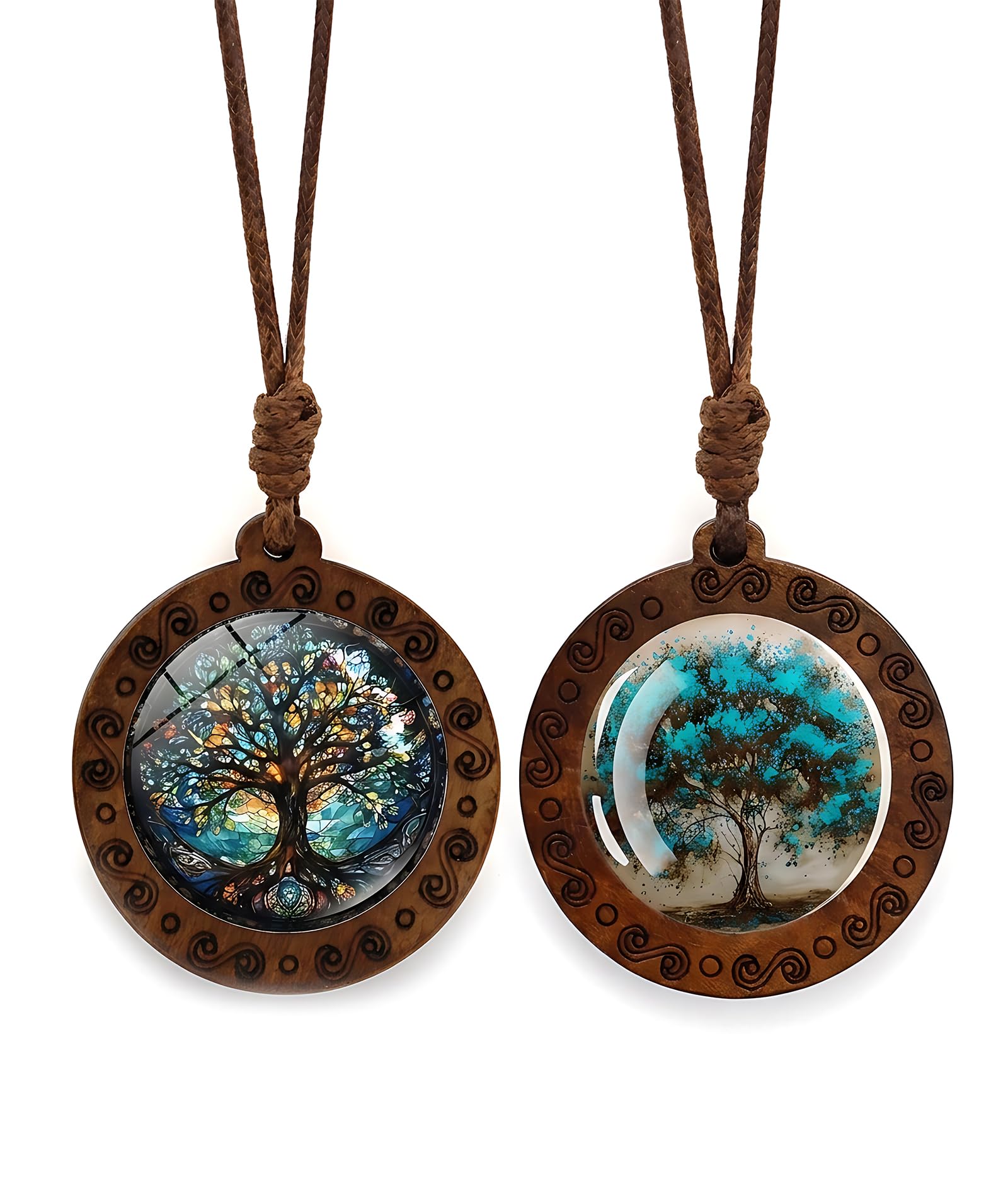 2 Pcs Tree Of Life Necklace, Elegant Wooden Pendant Design, Spiritual Symbol Jewelry For Men, Unique Necklaces, Adjustable Cord 