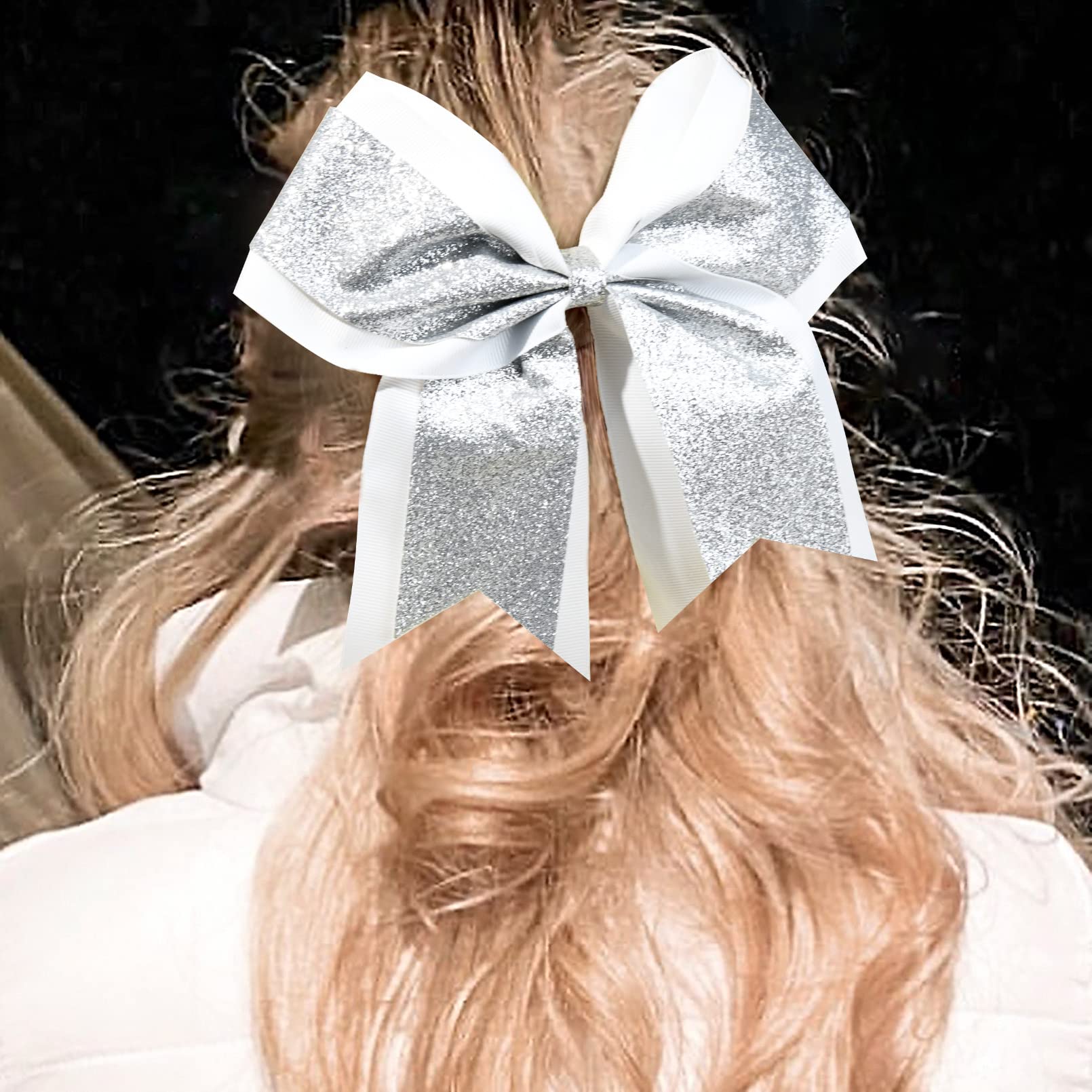 10Pcs 8 Large Glitter Hair Bows With Hair Ties For Girls - Silver Rhinestones Sequin, School Cheer Accessories For Teen Softball