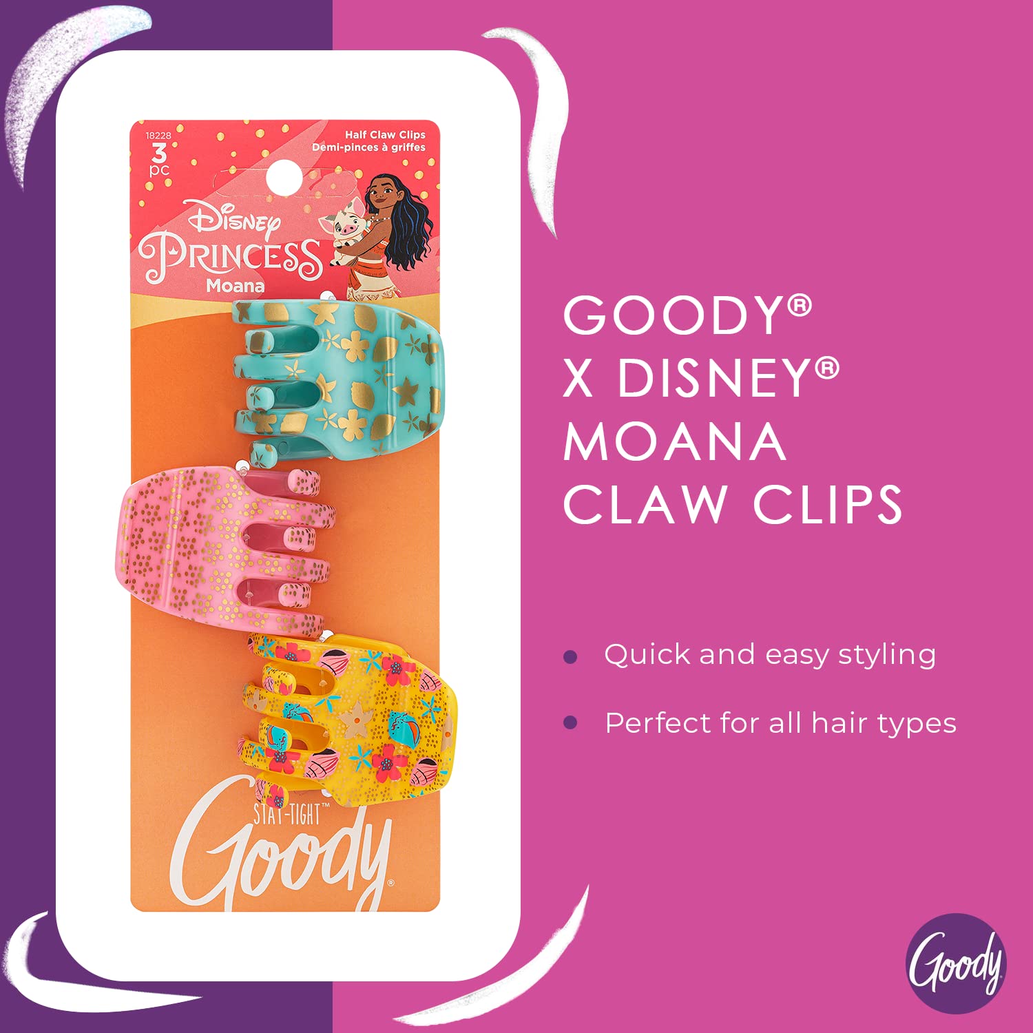 GOODY Classics Half Claw Clips - 3-Pack, Disney Princess, Moana - Great for Easily Pulling Up Your Hair - Pain-Free Hair Accesso