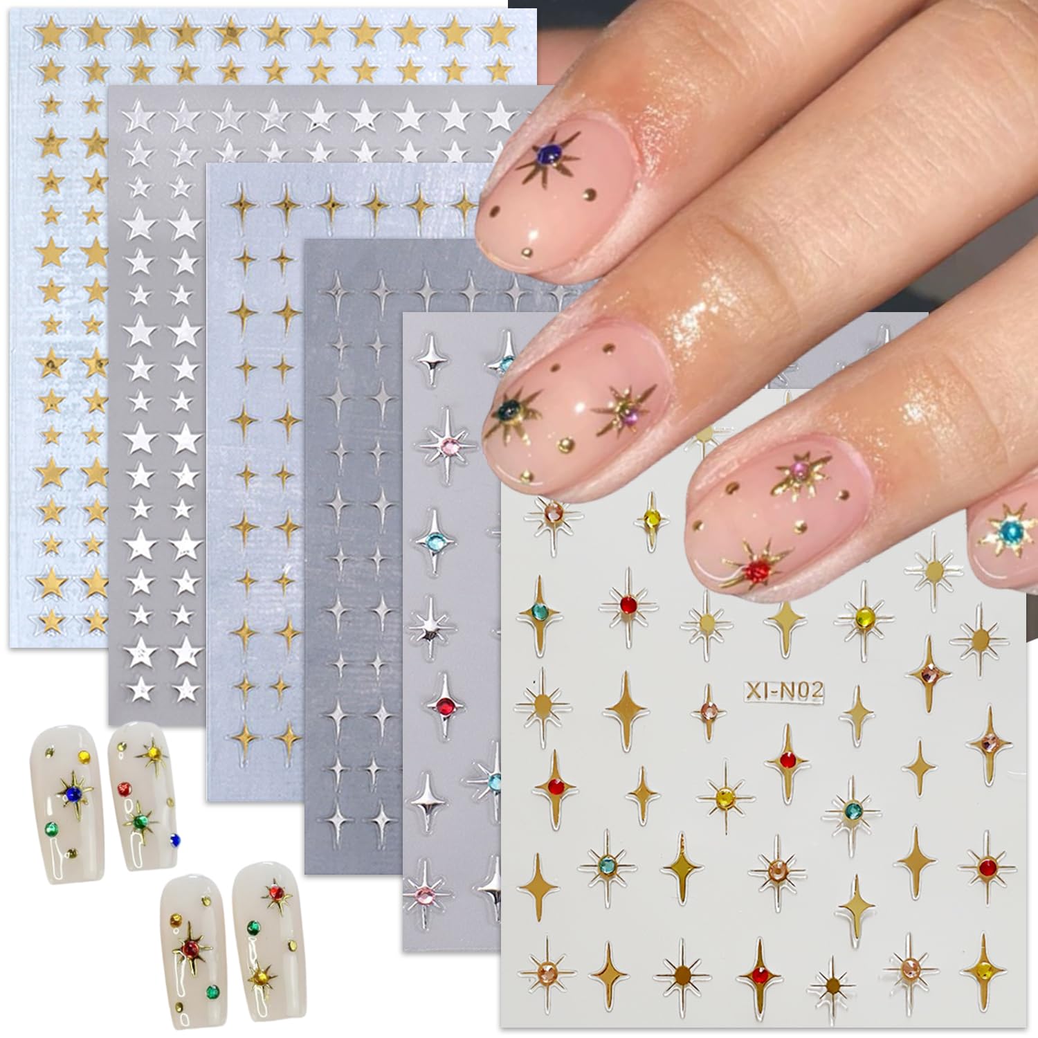 6 Sheets Shiny Star Nail Stickers for Nail Art 3D Glitter Gold Silver Star Luxury Rhinestones Nail Design Stickers Black White S