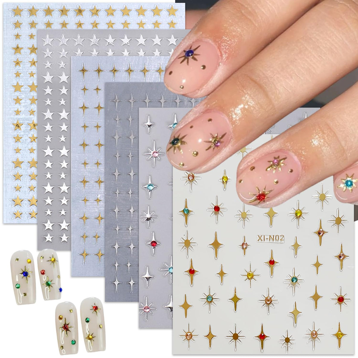 6 Sheets Shiny Star Nail Stickers for Nail Art 3D Glitter Gold Silver Star Luxury Rhinestones Nail Design Stickers Black White S