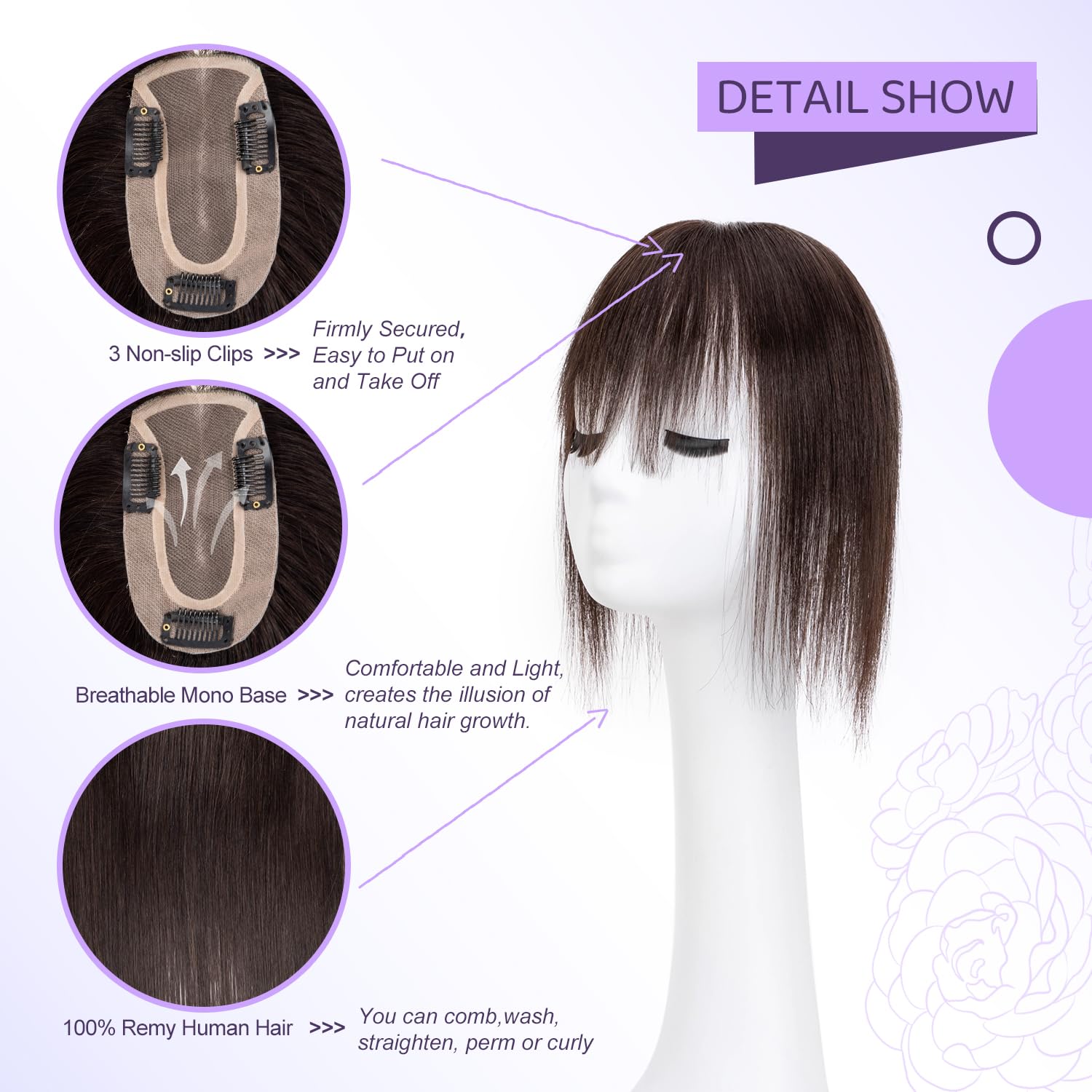 JIAJIA Teresa 10 Inch Human Hair Topper with Bangs,7 * 12CM Full Hand Tied Mono Base Toppers with Bangs Straight Clip in Human H