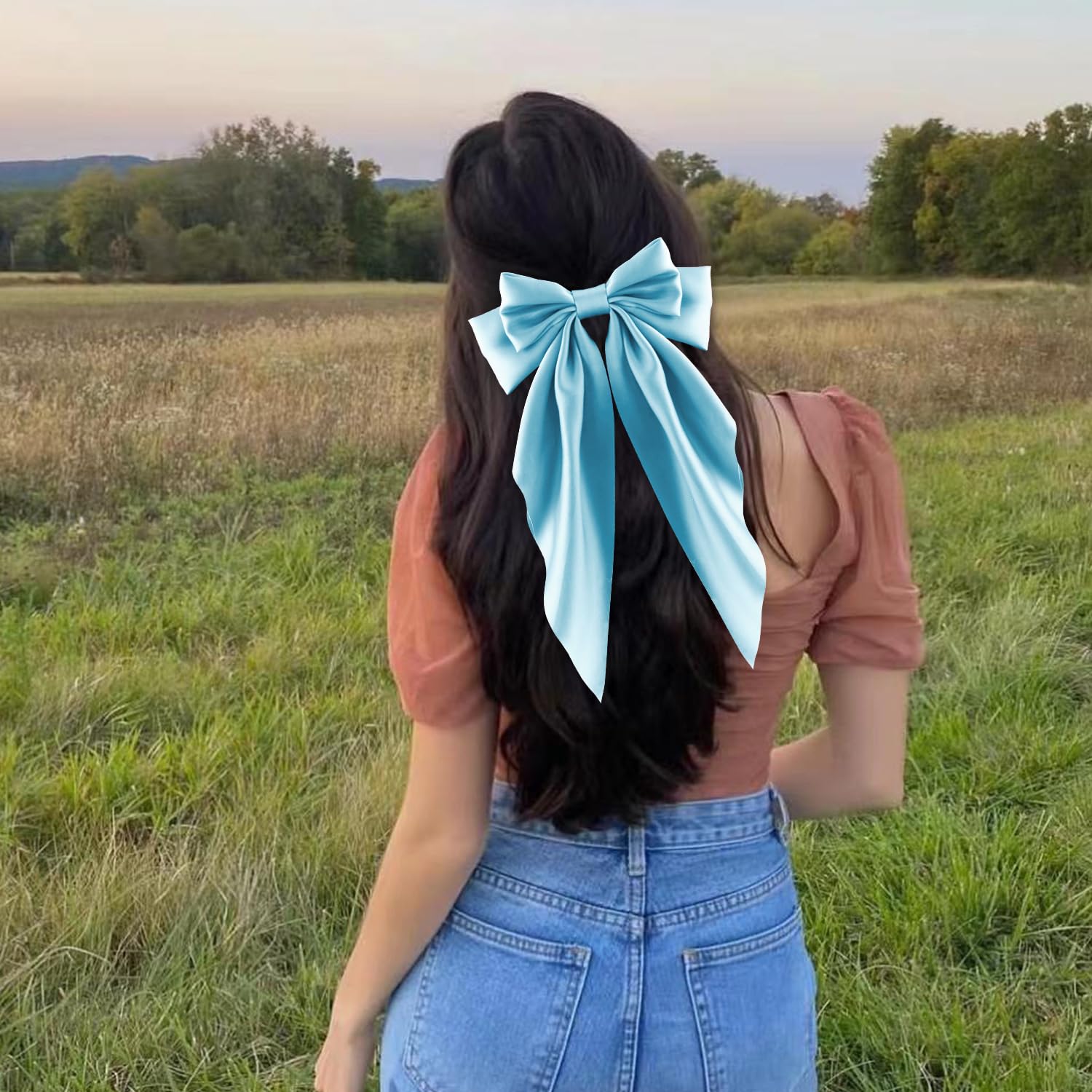 Atoden Women'S Hair Accessories - 4Pcs Oversized Satin Long Tail Bowknot Hair Clips With Metal Barrettes In Beige, Pink, Blue, P