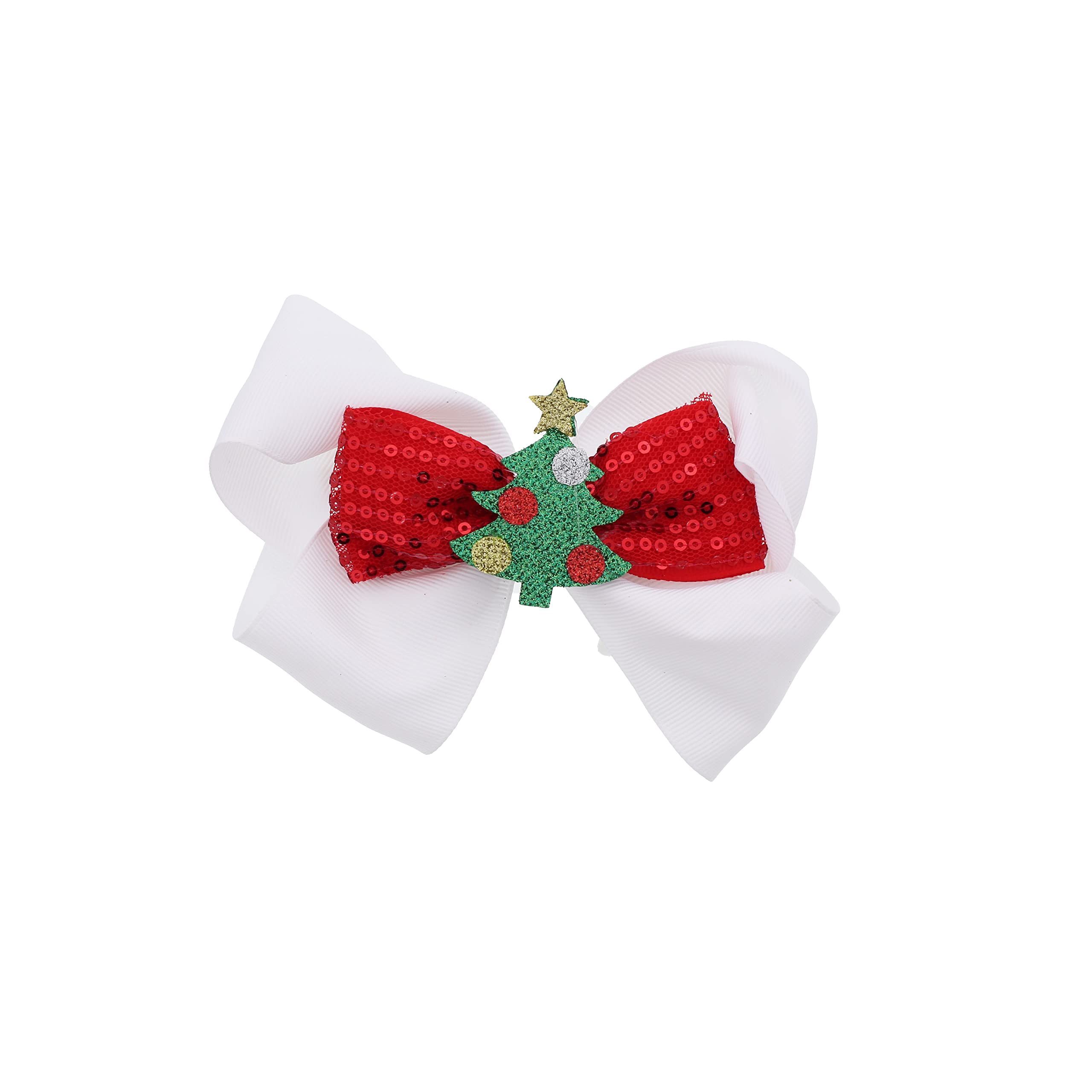 5 inch Wide Hair Bow with Christmas Tree Sequins Bow for Girls- White
