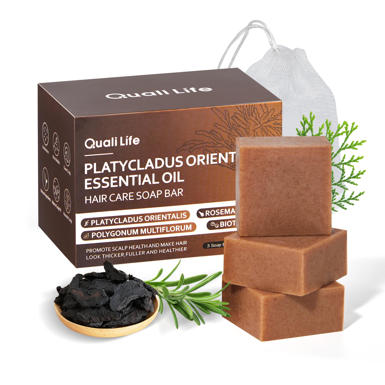 Shampoo Bar with Herbal Essential Oil for Hair Growth, Strengthening & Volumizing, Organic Soap with Platycladus Oil, Polygonum 