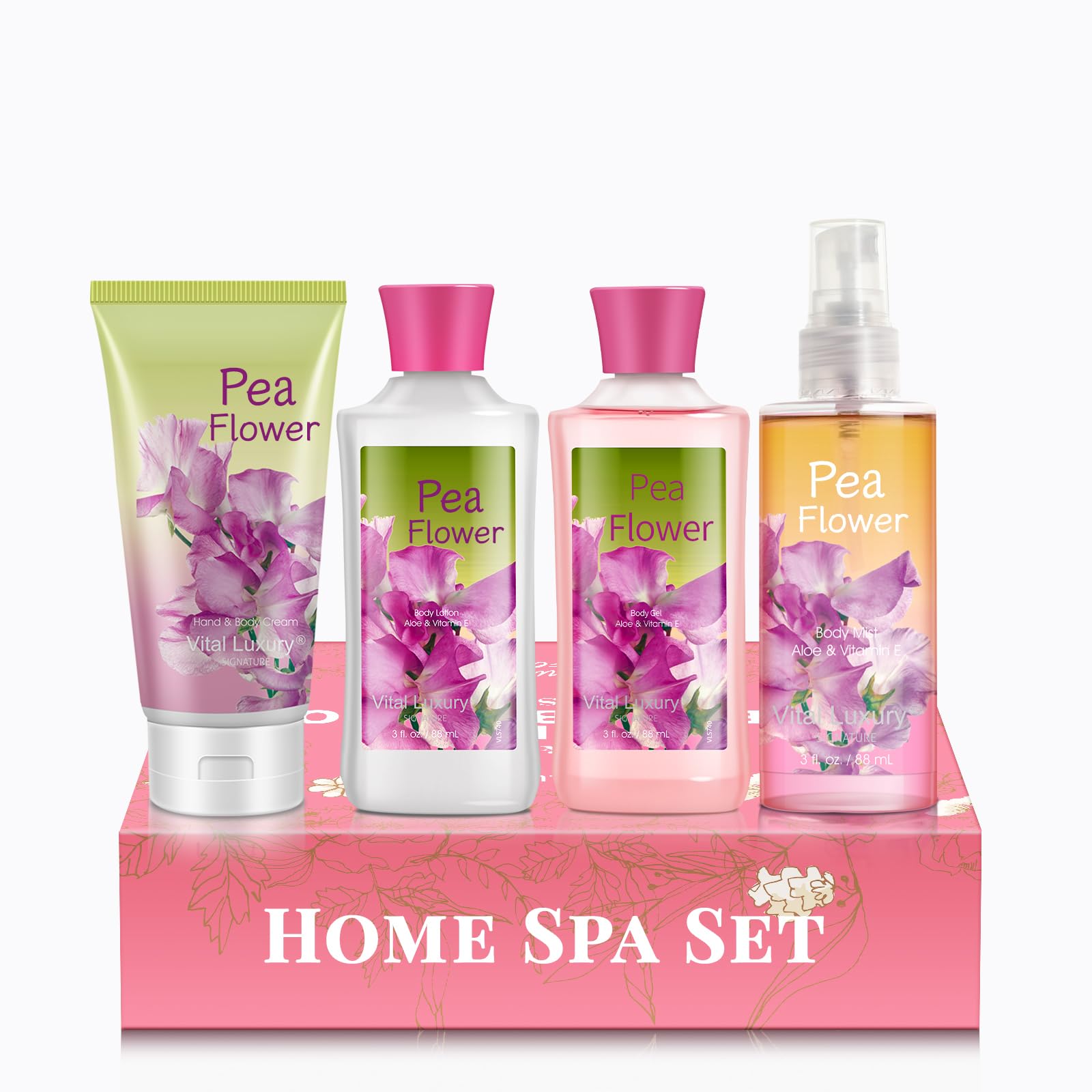 Vital Luxury Sweet Pea Bath & Body Kit, 3 Fl Oz, Ideal Skincare Gift Home Spa Set, Includes Body Lotion, Shower Gel, Body Cream,