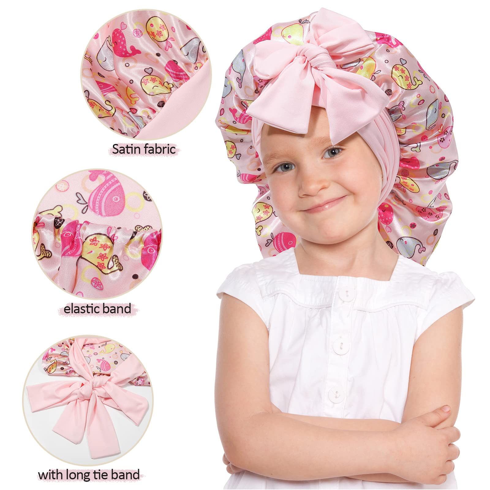 Awaytr Long Toddler Silk Bonnet For Sleeping Elastic Satin Bonnets For Curly Hair Braid Bonnet Night Cap For Aged 3-12 Kids (Wha