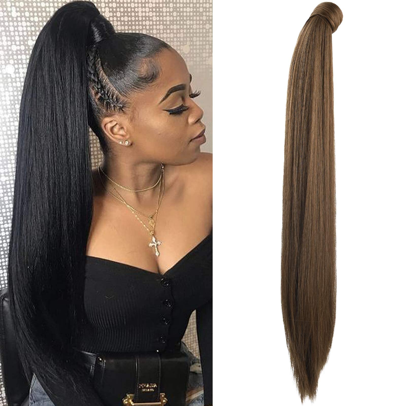 SEIKEA 28 Inch Clip in Ponytail Extension Wrap Around Long Straight Pony Tail Hair Synthetic Hairpiece for Women Color Medium Br