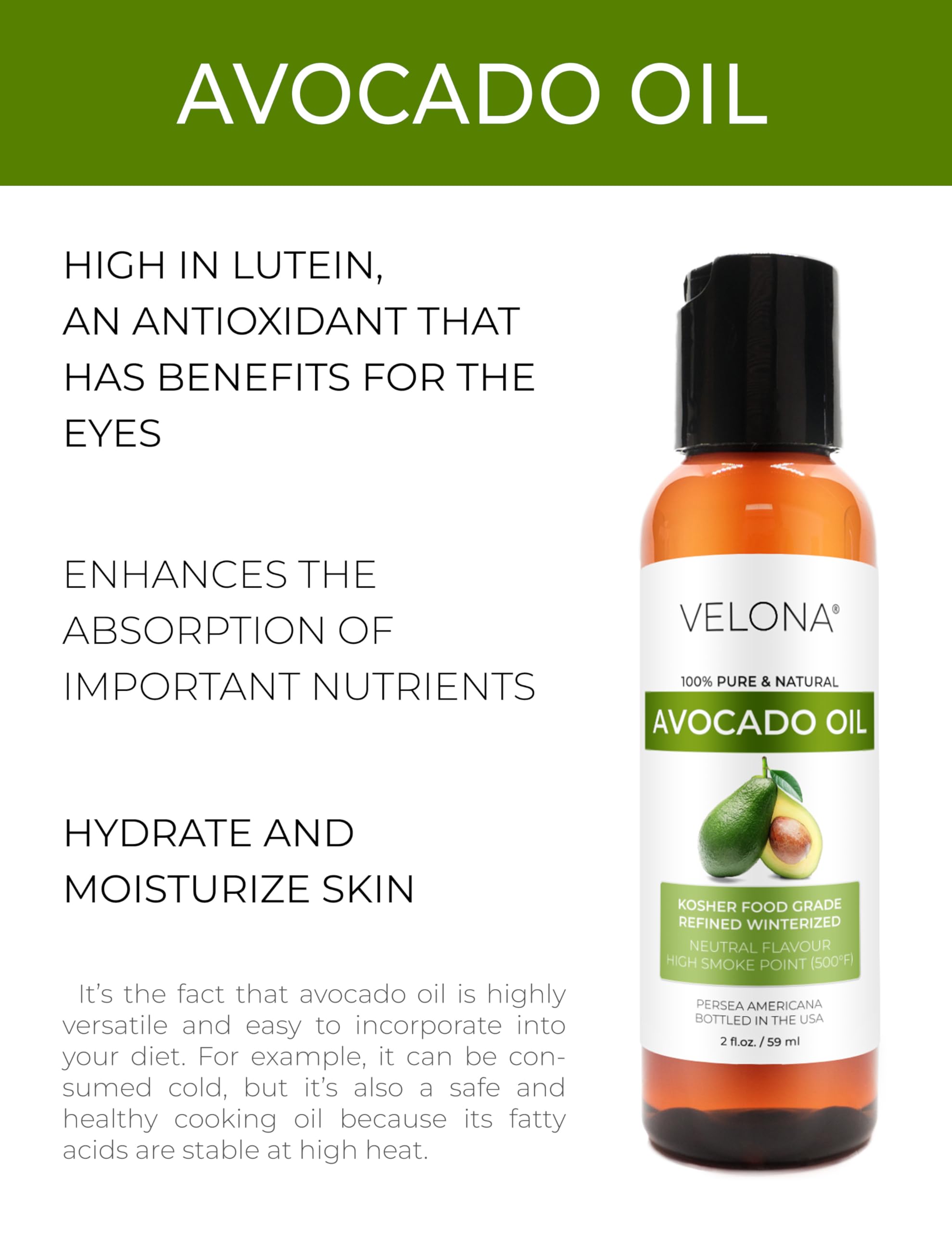 Velona Avocado Oil 2 Fl Oz | 100% Pure And Natural Carrier Oil | Refined, Cold Pressed | Hair, Body And Skin Care | Use Today -