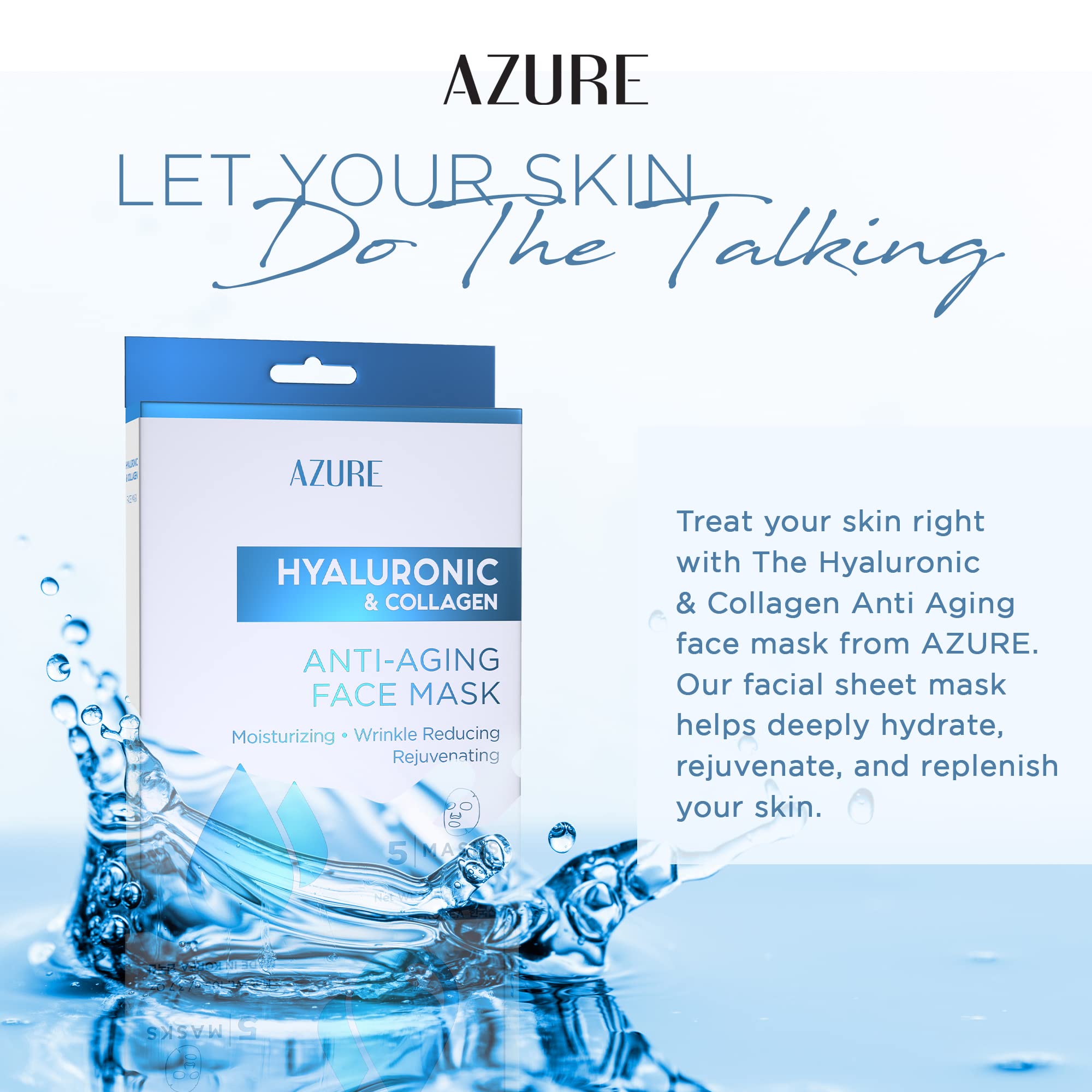 Azure Hyaluronic Acid & Collagen Anti Aging Sheet Facial Mask - Rejuvenating & Moisturizing Face Mask - Helps Reduce Fine Lines