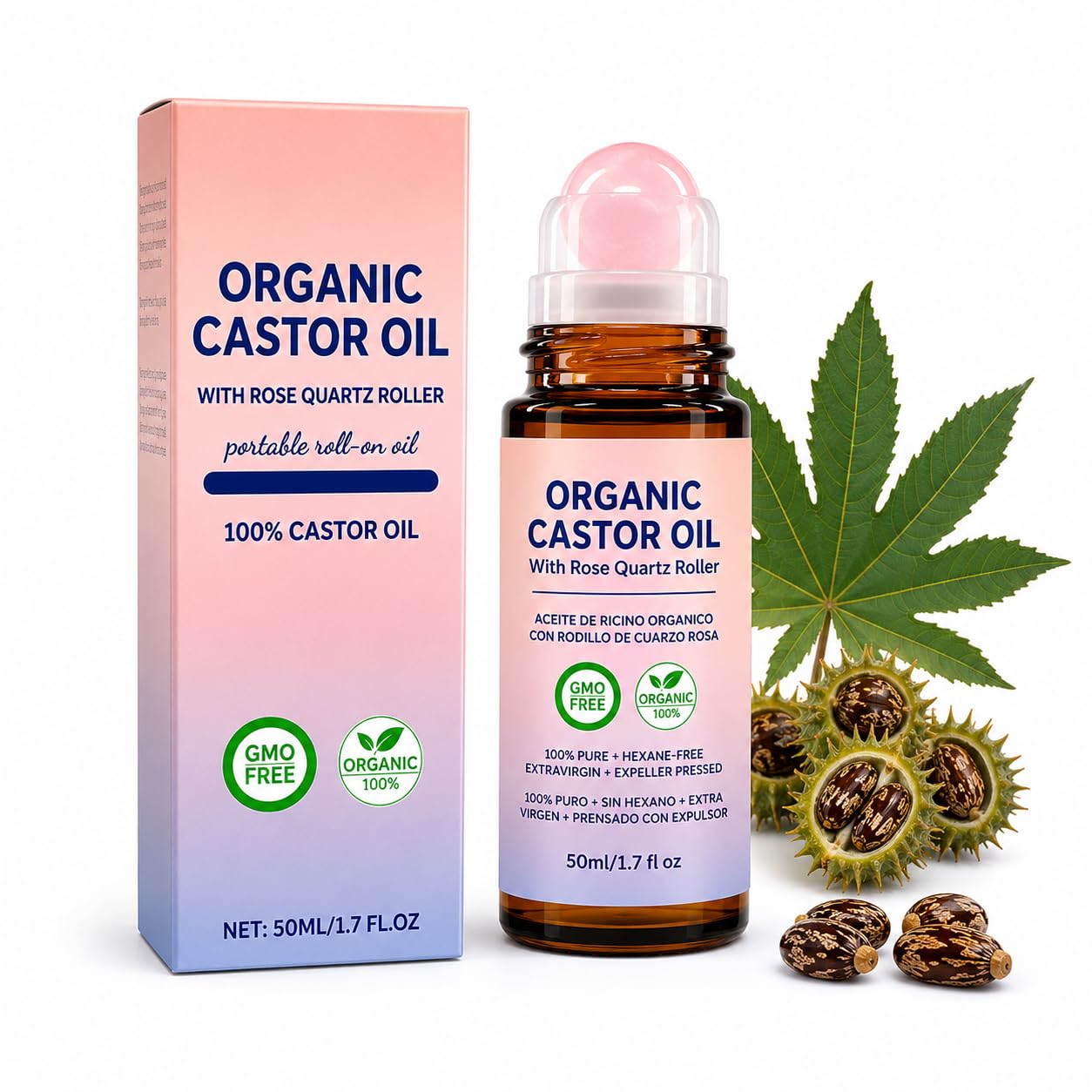 WZRGLOW Castor Oil Roll On for Hair, Brows and Skin, Rose Quartz, 1.7 Fl Oz