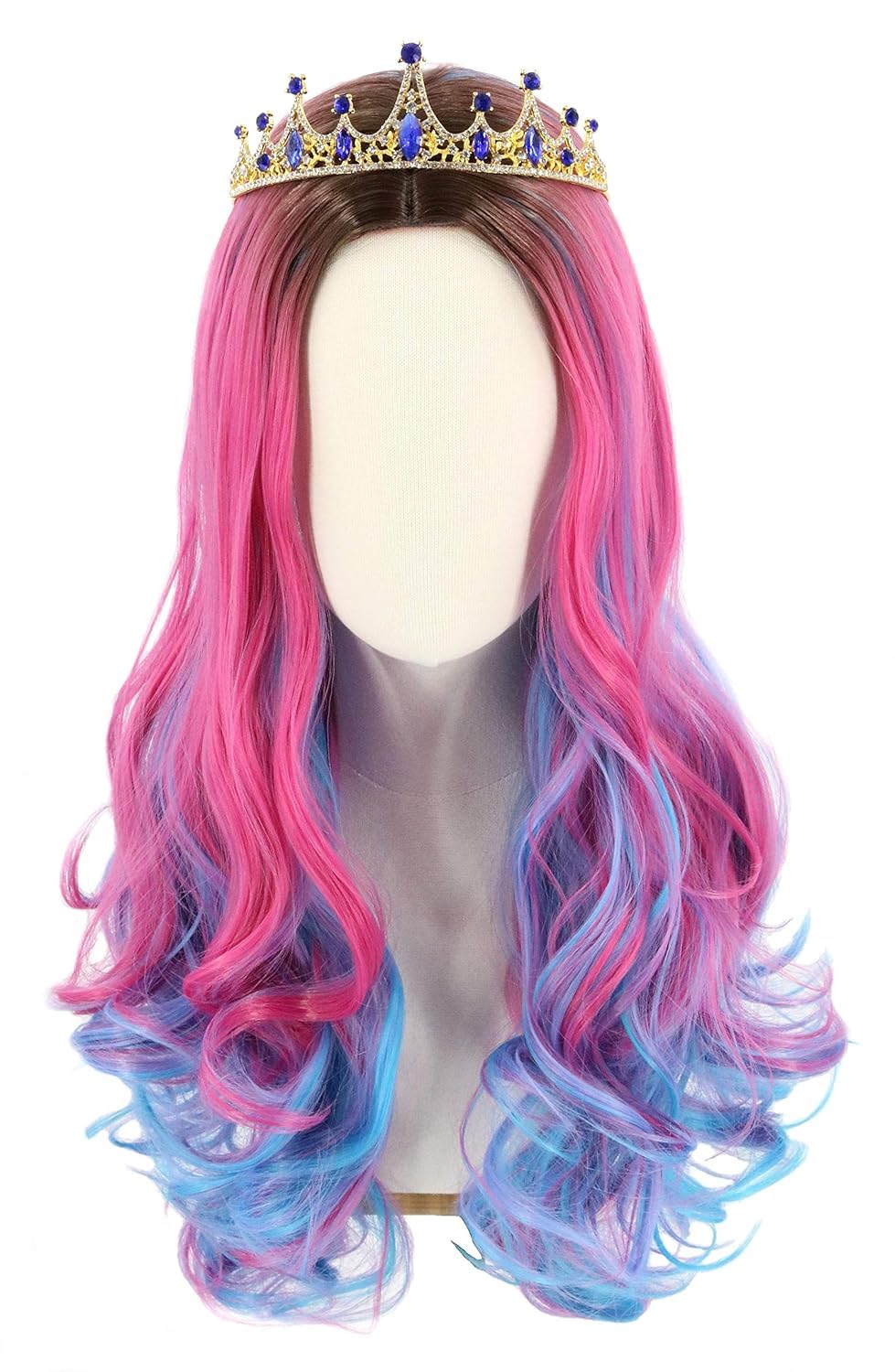 Topcosplay Girls Wig And Crown Long Wavy Pink Mixed Blue Halloween Costume Party Wig Black Roots