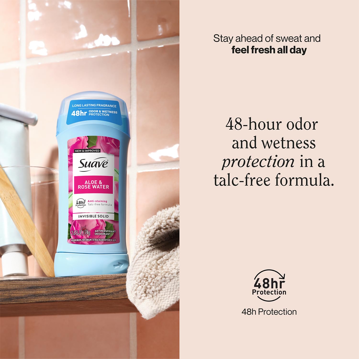 Suave Deodorant For Women, Aloe & Rose Water - Invisible Solid Antiperspirant Deodorant Stick, 48H Protection, Anti-Staining, Cr