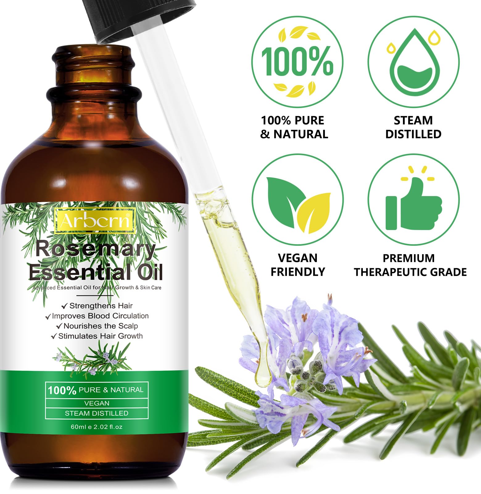 2 Pack Rosemary Oil For Hair Growth Organic,100% Pure Rosemary Essential Oil For Eyebrow And Eyelash Nourishes The Scalp