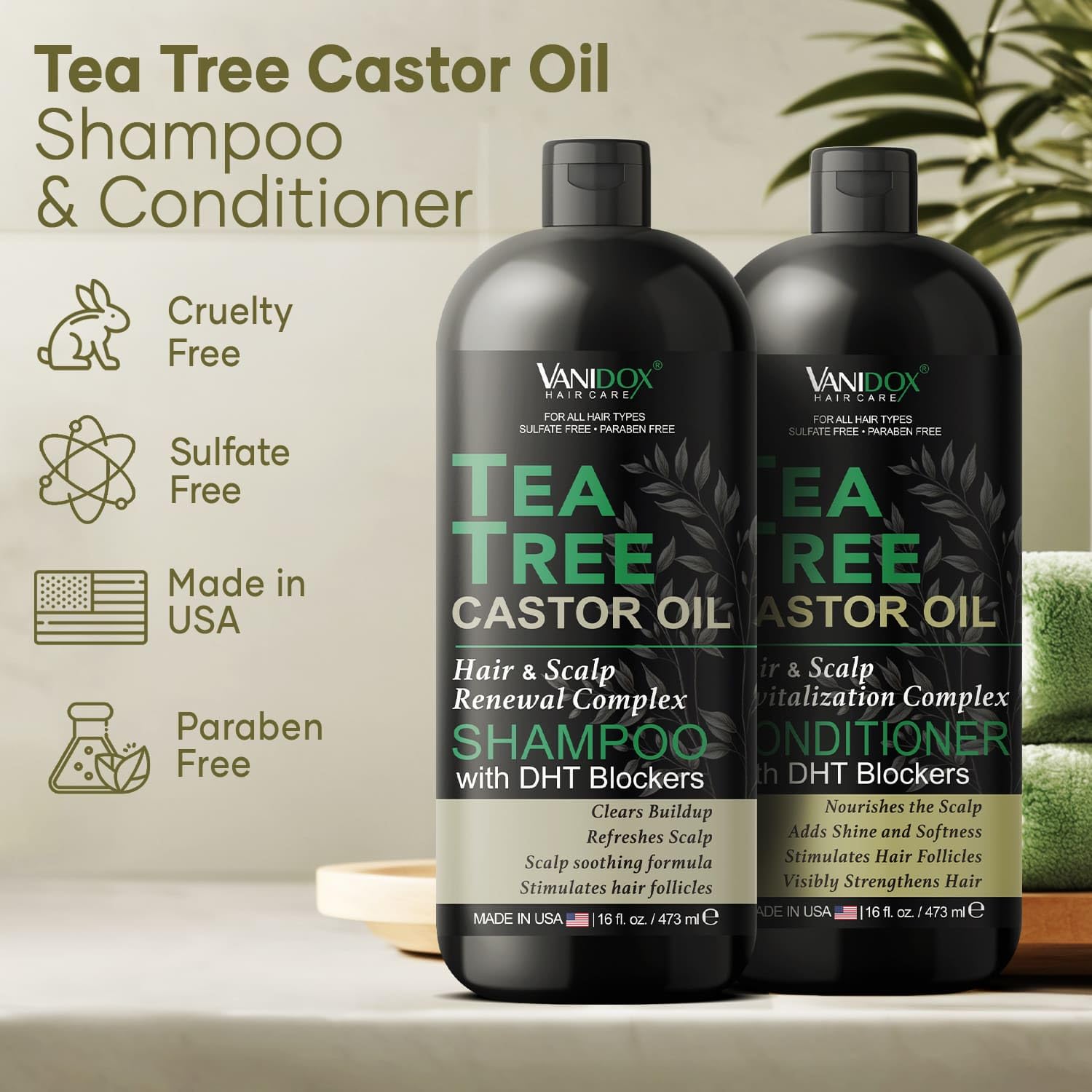 VANIDOX Tea Tree Shampoo and Conditioner Set with Castor Oil and 100% Pure Tea Tree Oil for Itchy and Dry Scalp - Sulfate and Pa