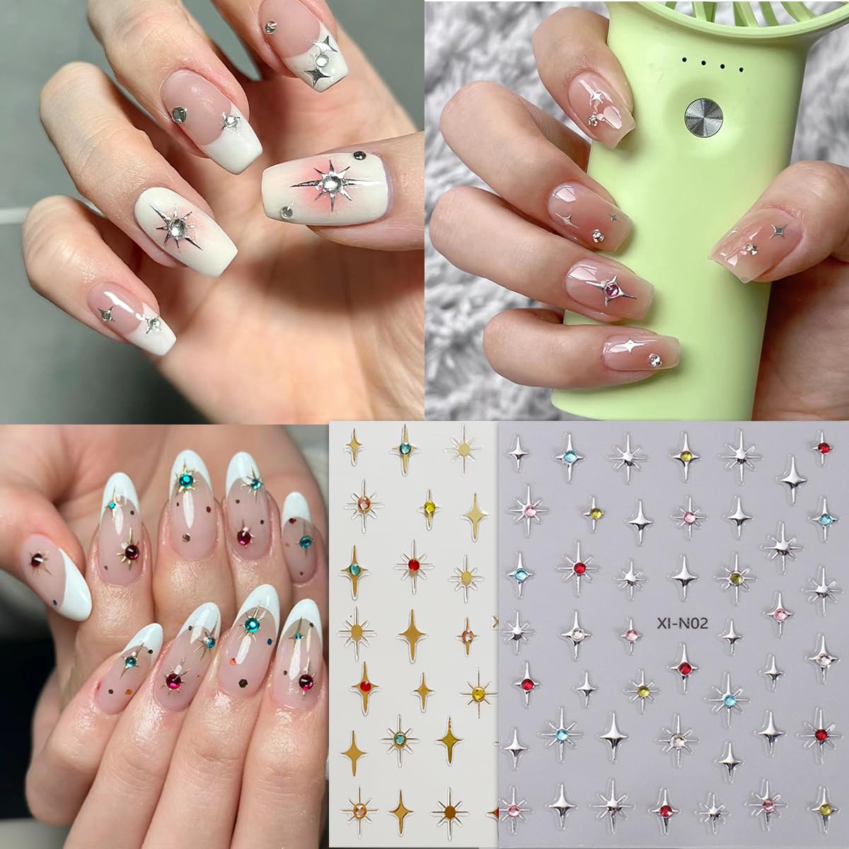 6 Sheets Shiny Star Nail Stickers For Nail Art 3D Glitter Gold Silver Star Luxury Rhinestones Nail Design Stickers Black White S