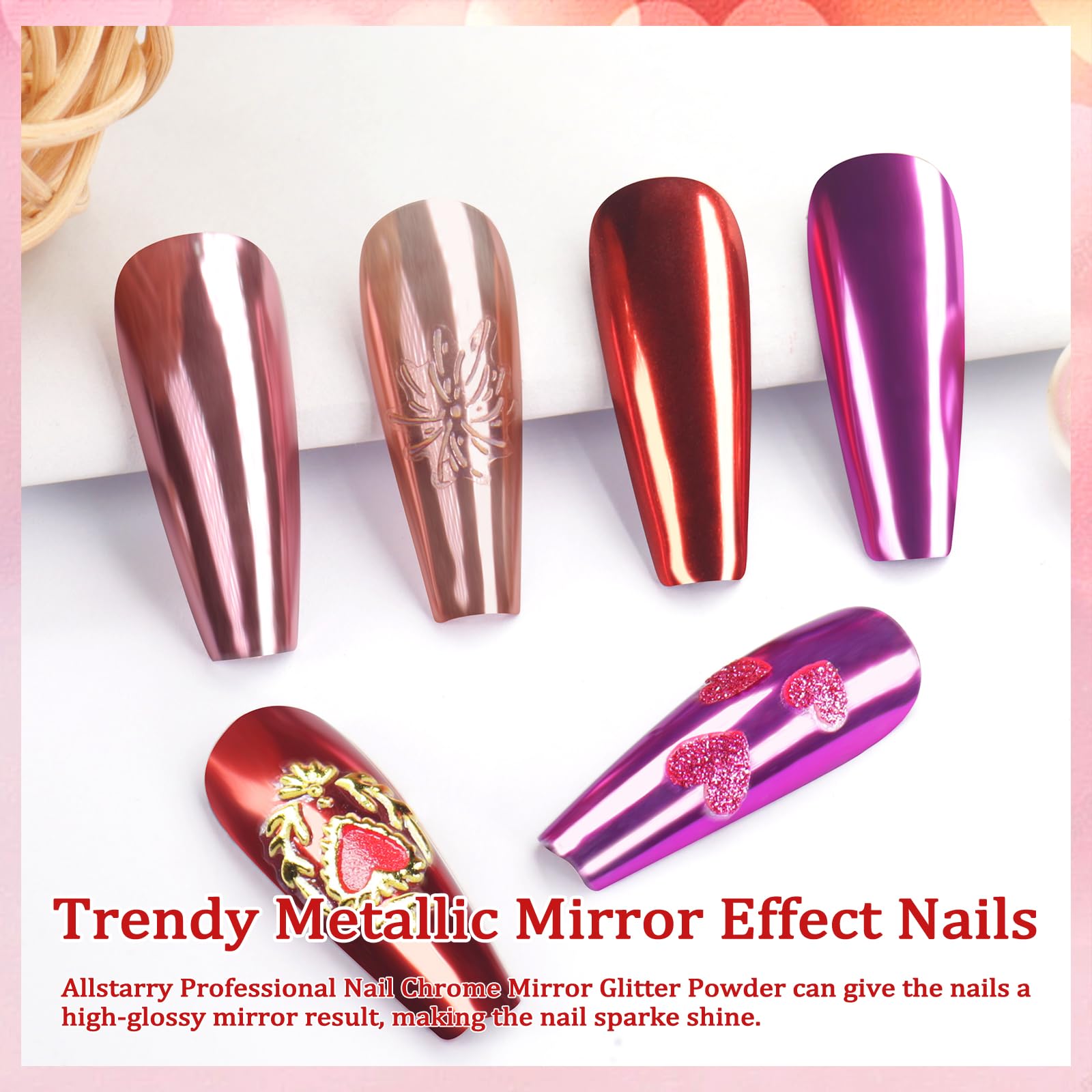 Allstarry Pink Chrome Nail Powder, Metallic 4 Colors Valentines Nails Powder Mirror Effect Manicure Pigment Pink Red Chrome Powd