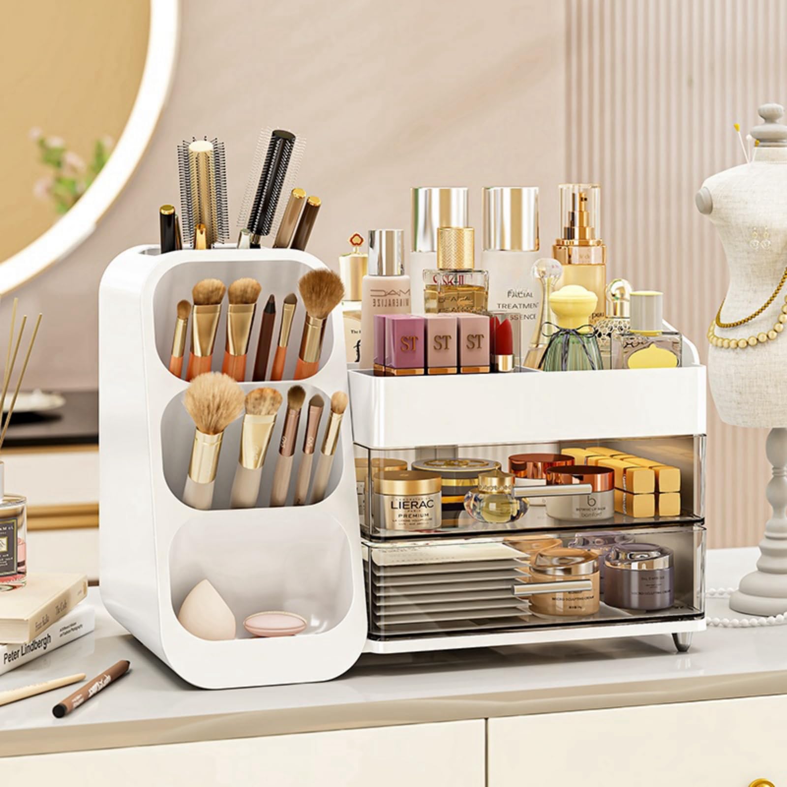 Kqjs Makeup Organizer With Drawers,Large Capacity Countertop Organizer For Vanity,Bathroom And Bedroom Desk Cosmetics Organizer,